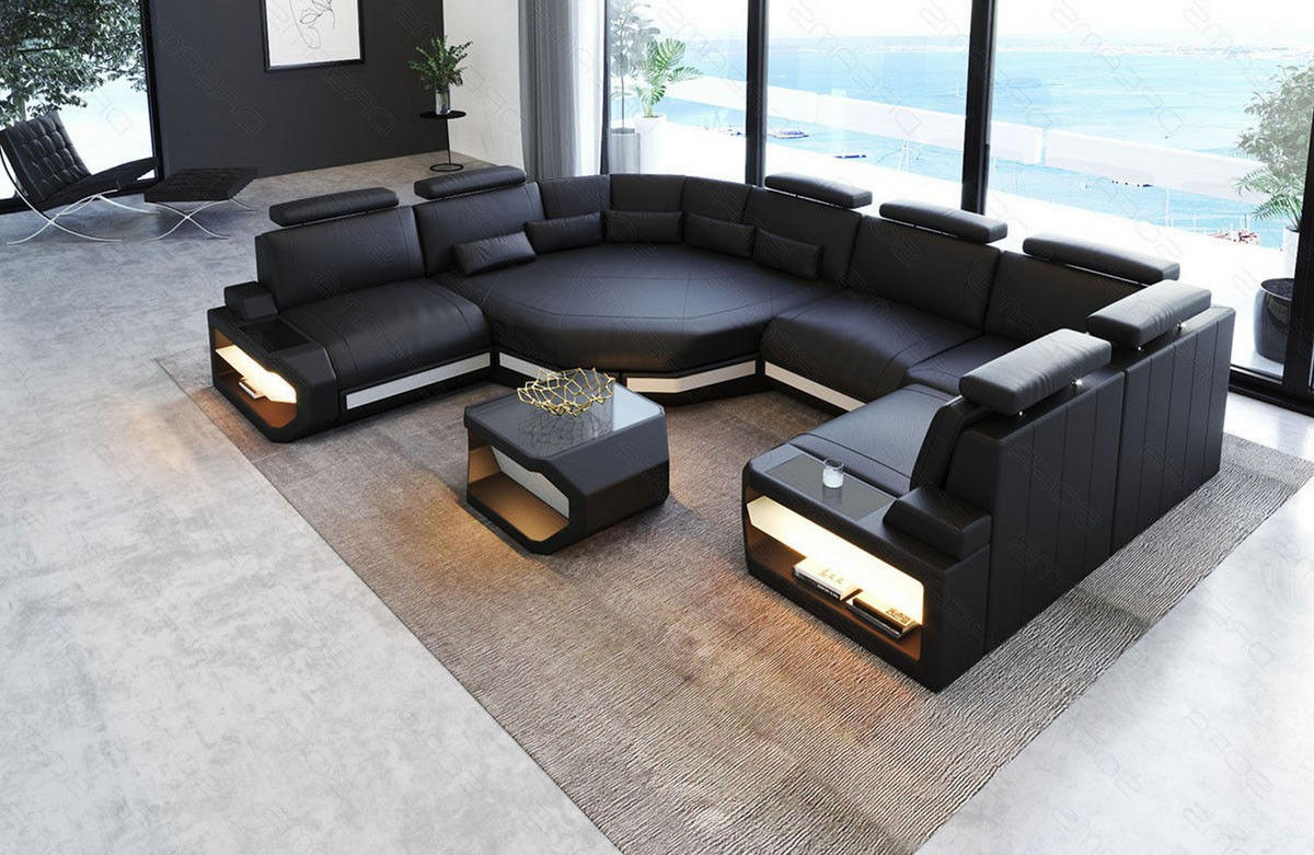 WOHNLANDSCHAFT Asti U Mini - Schwarz/Weiß, Leder (352/93/280cm) - Sofa Dreams