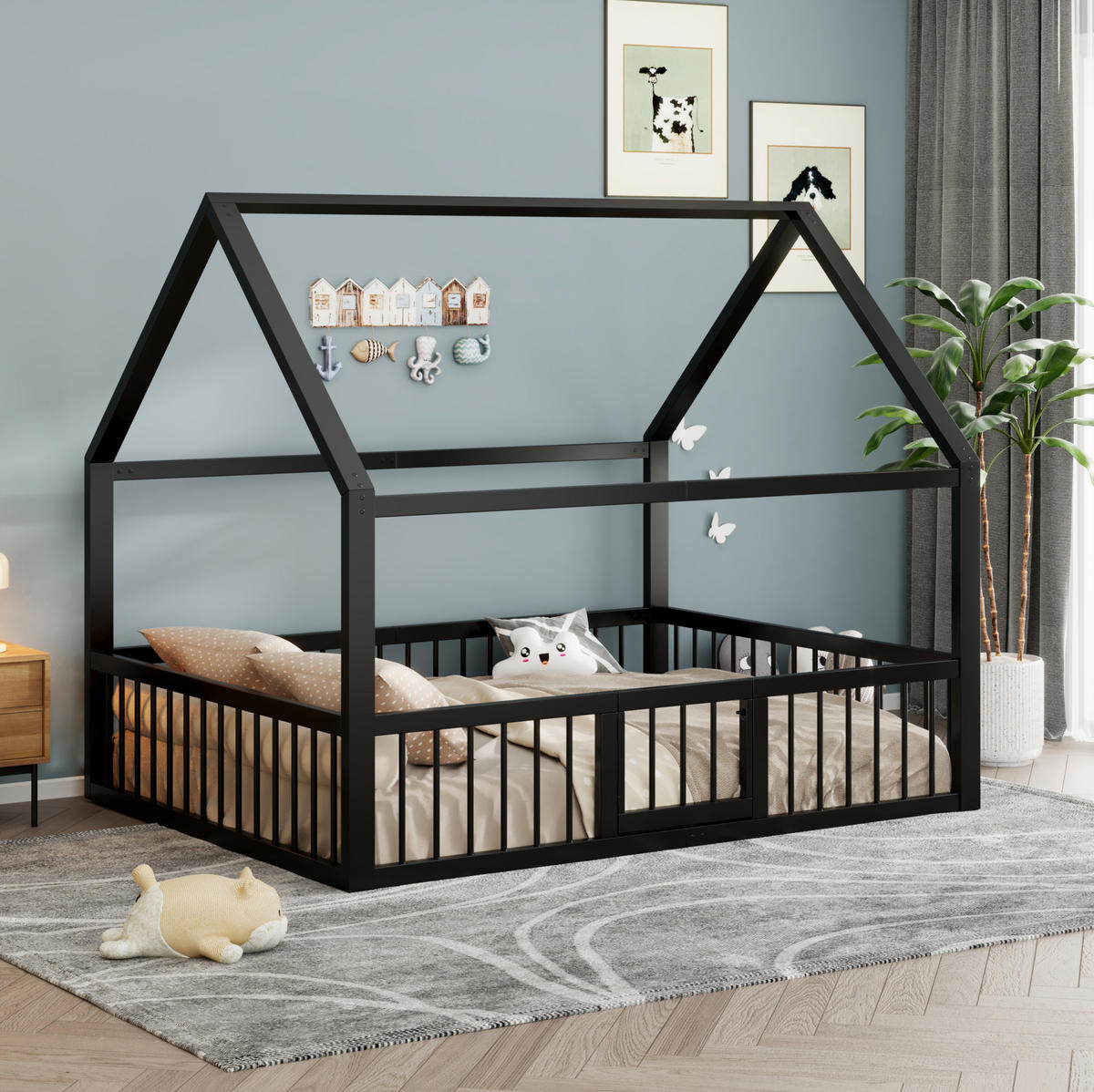 KINDERBETT 140/200 cm in Hausform aus Metall mit Sicherheitsgeländer Schwarz - Schwarz, Metall (140/200cm) - BEAOK