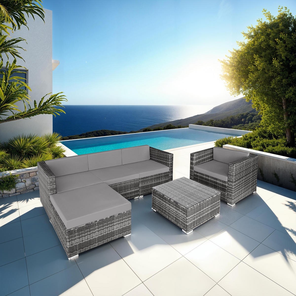 RATTANLOUNGE Milano, mit Sicherheitsglasplatte, grau - Grau, Kunststoff - tectake