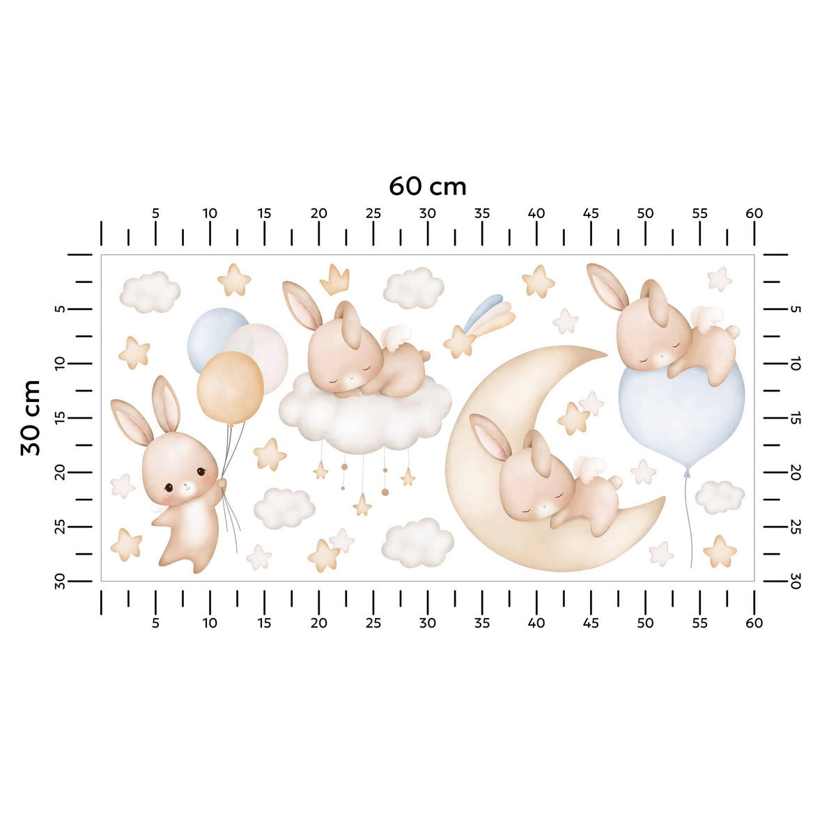 NÁLEPKY NA STENU Králiky Oblaky Hviezdy Balóny 60 x 30 cm - hnedá/žltá, papier (60/30/1cm) - Muralo
