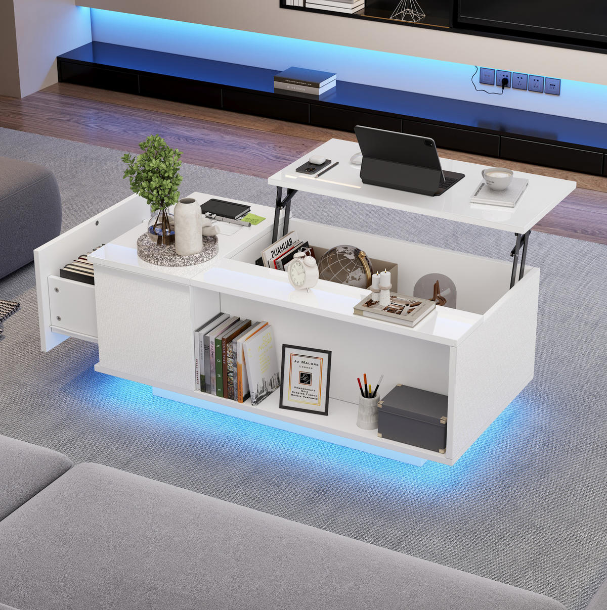 COUCHTISCH 100/50/40 cm weiß aus Spanplatte mit Höhenverstellung und LED - Weiß, Holzwerkstoff (100/50/40cm) - OKMYHOME