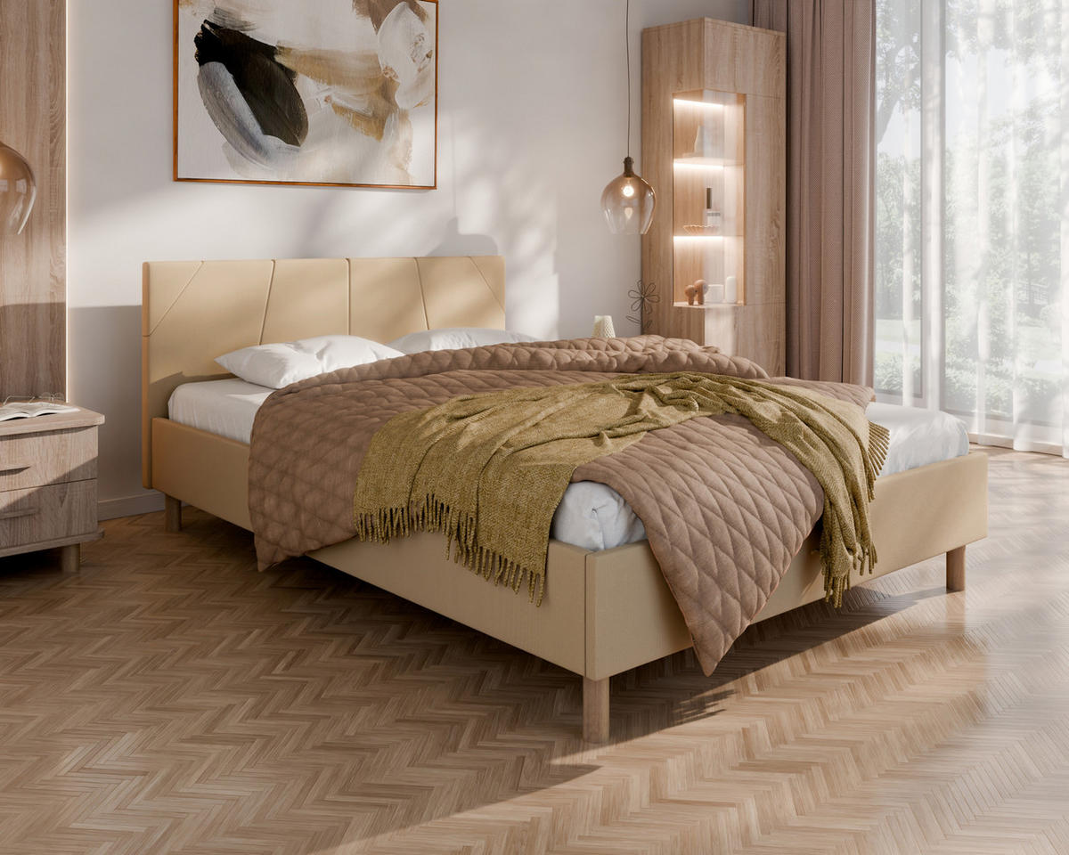 POLSTERBETT ALMORE 140x200cm, 7-Zonen-Taschenfederkernmatratze mit Kokos ARLAN (21 cm), Creme - Creme, Holz (140/200cm) - Homesy