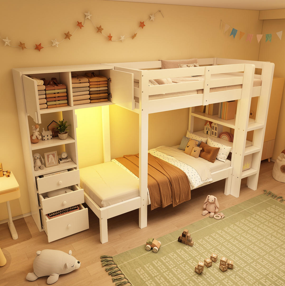 ETAGENBETT aus Massivholz und MDF 90x200 cm Weiß mit Schrank, Regalen und Schubladen - Weiß, Metall (90/200cm) - IVMEU