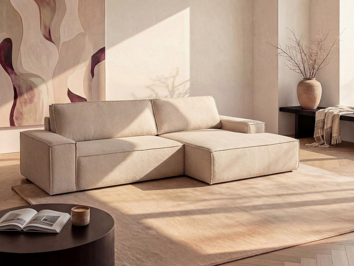 ECKSOFA mit Schlaffunktion - Ecke rechts - Strukturstoff - Beige - AMELIA - Beige, Textil (267/167cm) - Vente-Unique