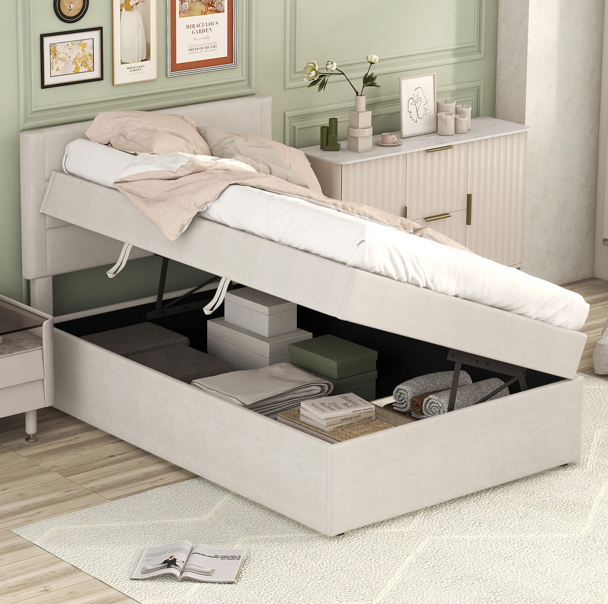 POLSTERBETT 90/200 cm Beige mit Stauraum und Lattenrost aus MDF - Beige, Holzwerkstoff (90/200cm) - OKWISH