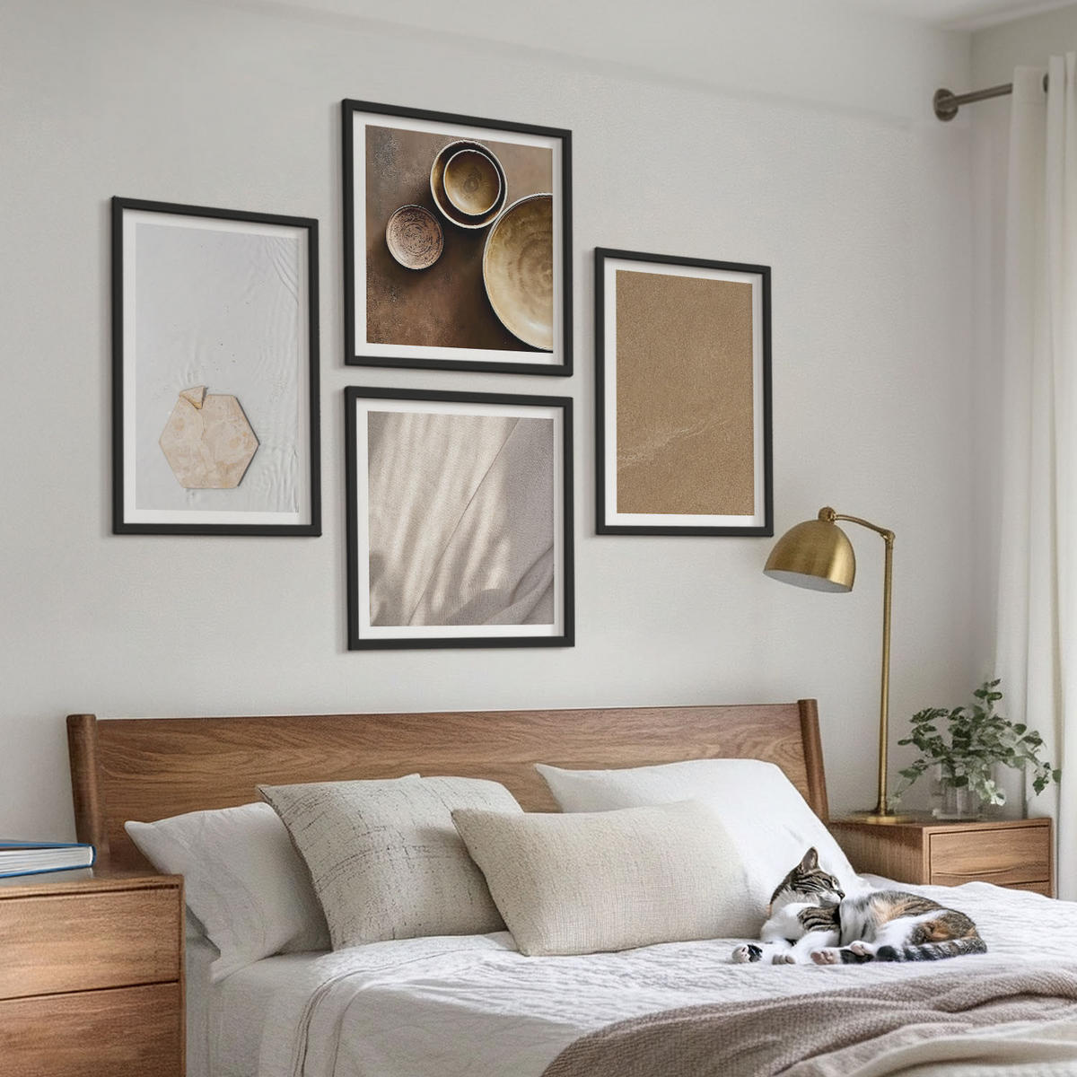 BILDER SET 4er Set - 50x50 cm & 40x60 cm Schwarzer Rahmen - Minimalistische warme Texturen - Schwarz, Kunststoff (50/50cm) - TULUP