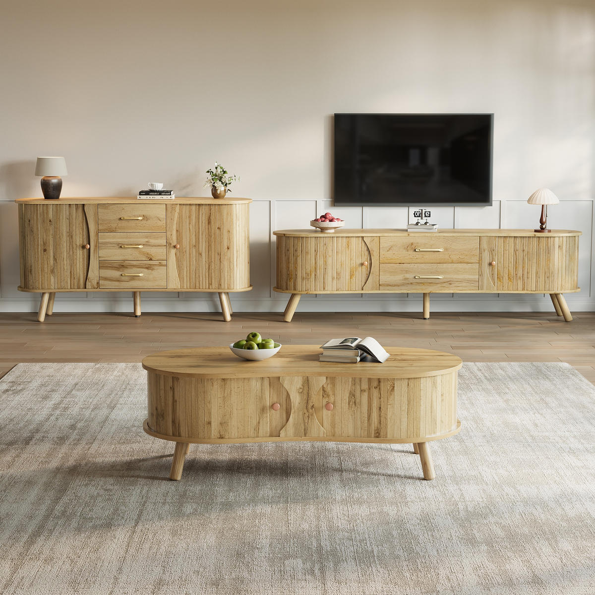 SET LIVING 3 piese masă TV și bufet - culoare naturală, compozit lemnos (160/55/36.5cm) - FLIEKS