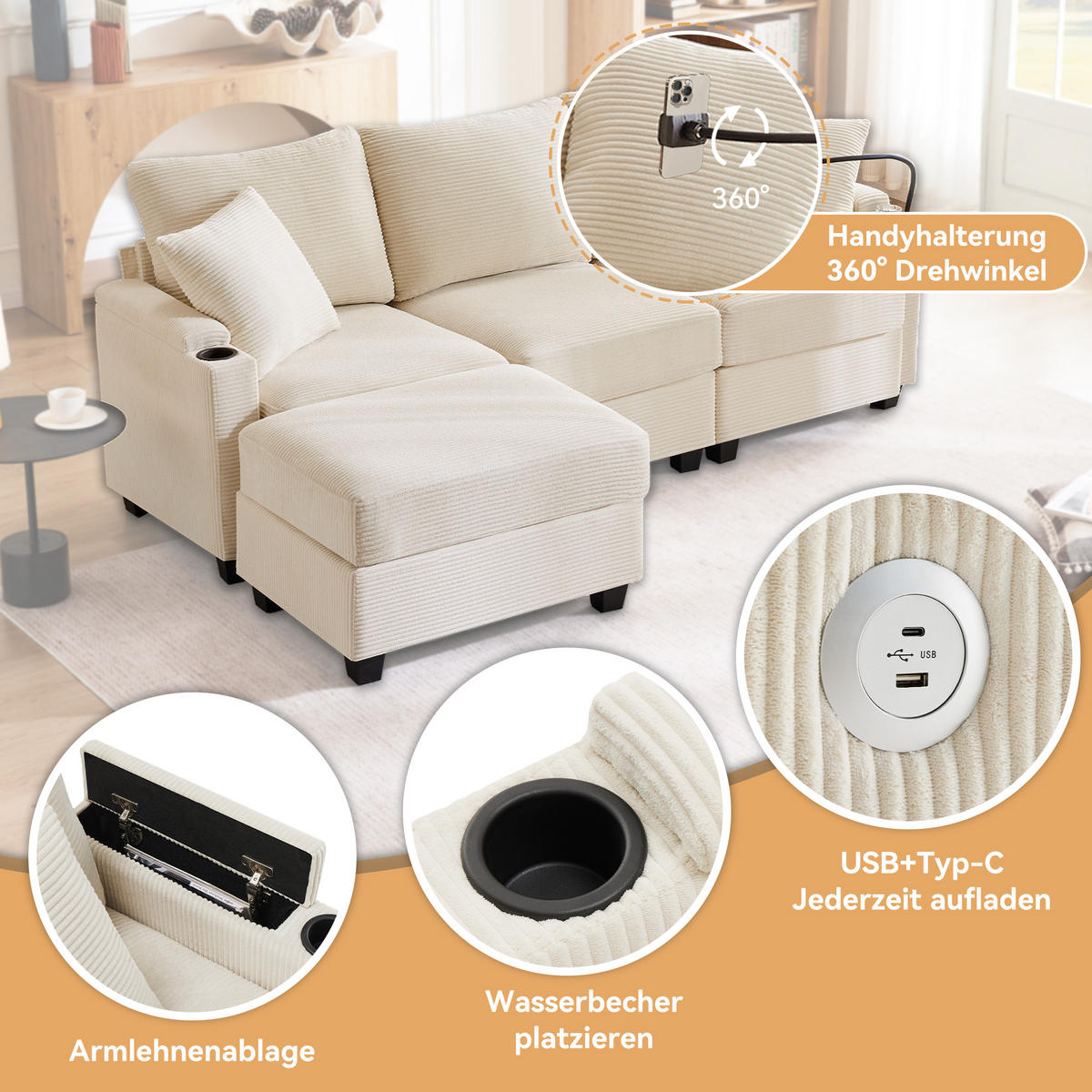 4-SITZER ECKSOFA Cord Beige mit USB, Ablage und mit Kissen - Beige, Holzwerkstoff/Kunststoff (213.5/139cm) - WISHDOR