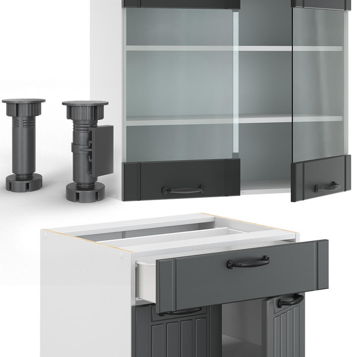 SINGLEKÜCHE Fame-Line Anthrazit Landhaus/Weiß 140 cm, AP Anthrazit - Dunkelgrau/Weiß, Holzwerkstoff (140/81.6/60cm) - Vicco