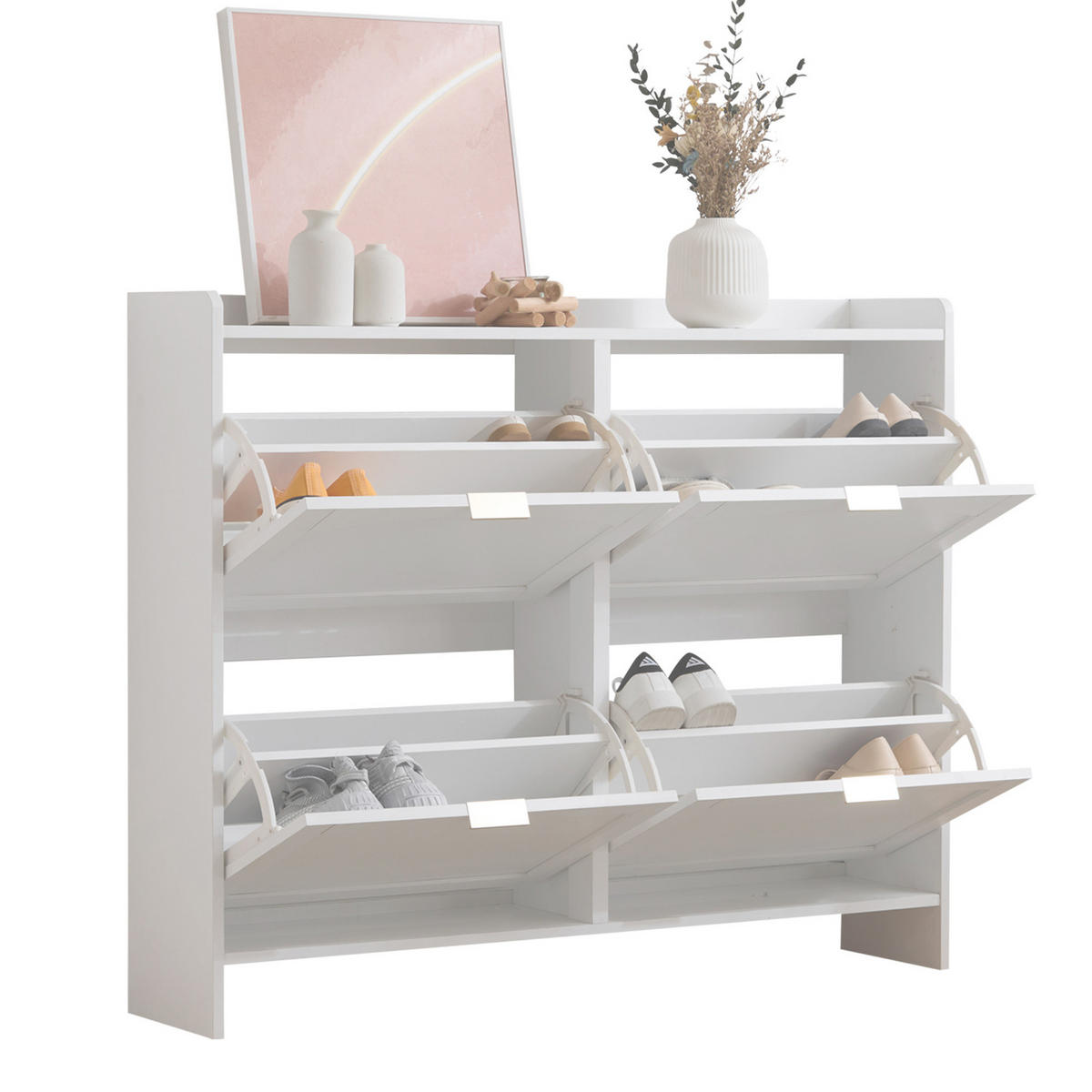 SCHUHSCHRANK Modern freistehend 4 Fächer Weiß 110x24x90cm - Weiß, Holzwerkstoff (24/90/110cm) - FLIEKS