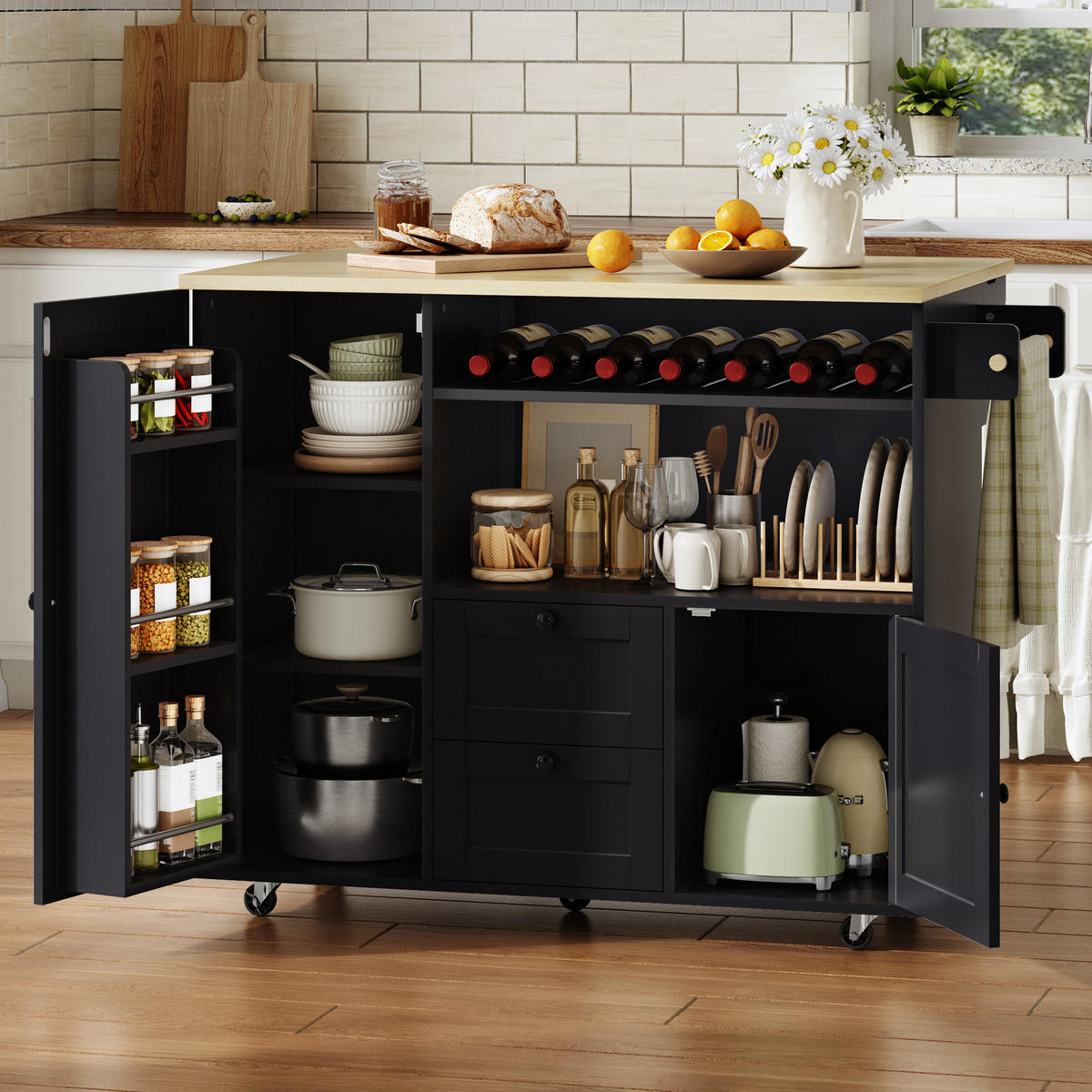 KÜCHENINSEL 89 cm MDF Natur Schwarz mit Klappbarer Arbeitsplatte und Weinregal - Schwarz, Holzwerkstoff (69/89/104cm) - Korfee
