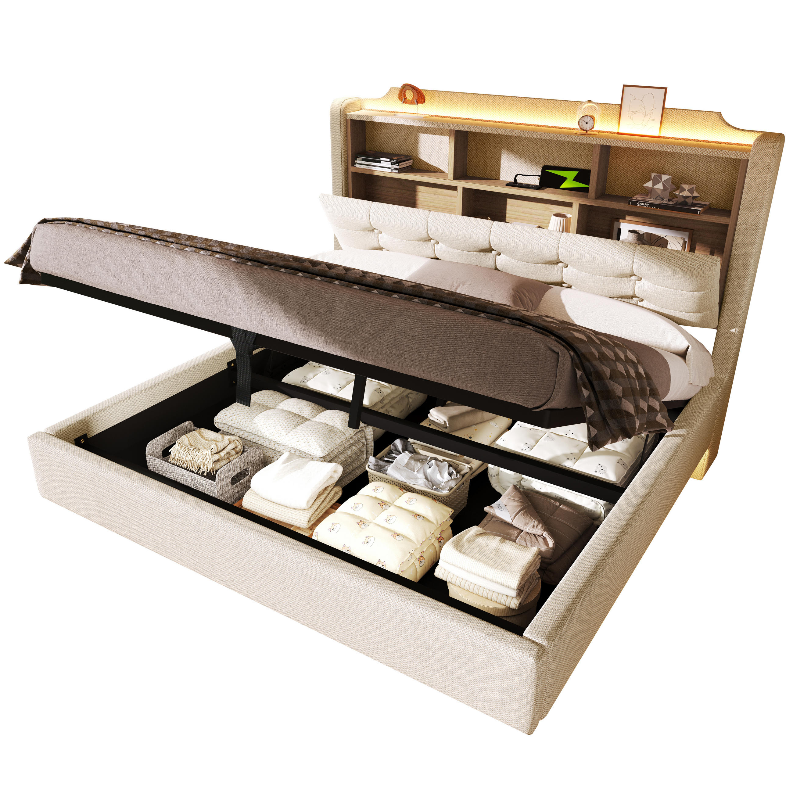 POLSTERBETT 140/200 mit Bettkasten, LED und USB in Beige - Beige, Holzwerkstoff/Textil (140/200cm) - EVRYAE