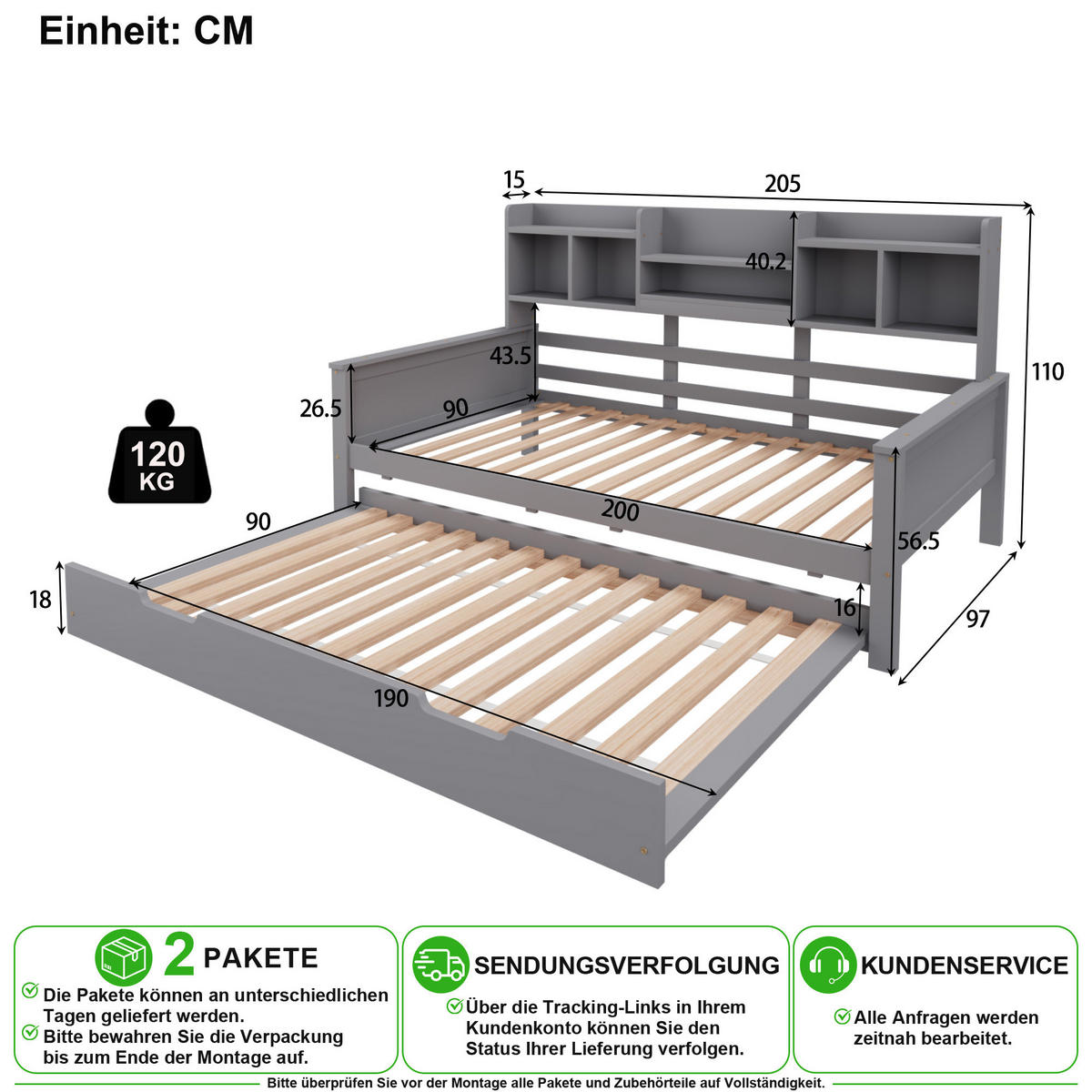 SCHLAFSOFA 90/200 cm in Grau mit Bettkasten und Ablagefächern - Grau, Holz/Holzwerkstoff (90/200cm) - CHICFURN