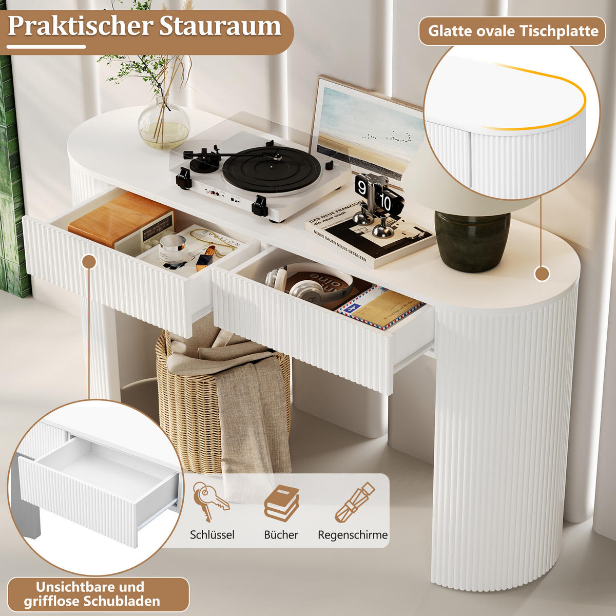 KONSOLENTISCH 120/33/76 cm weiß aus MDF mit 2 grifflosen Schubladen - Weiß, Holzwerkstoff (120/33/76cm) - OKWISH