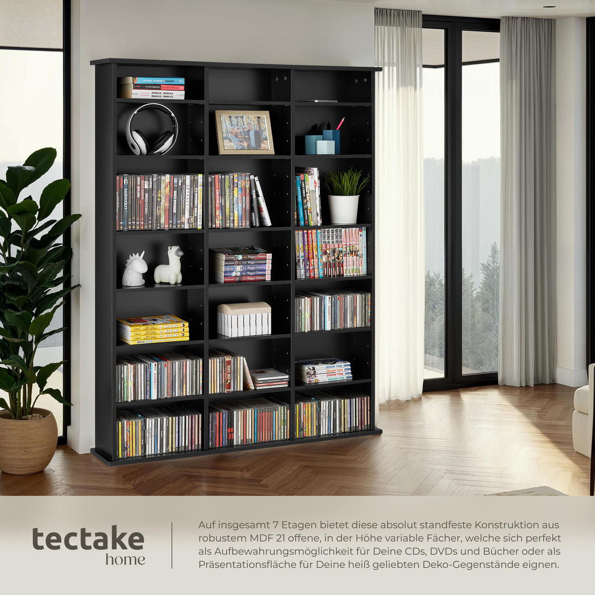 CD/DVD Regal Stevie,105,5 x 19 x 136,5 cm,schwarz - Schwarz, Holz (19/136.5/105.5cm) - tectake
