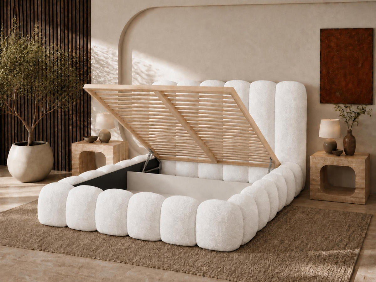 POLSTERBETT MELLOW 120x200 cm in Weiß, gepolstertes Kopfteil, Lattenrost, Bettkasten, Bouclé-Stoff - Weiß, Holz/Textil (120/200cm) - EMLAR Home