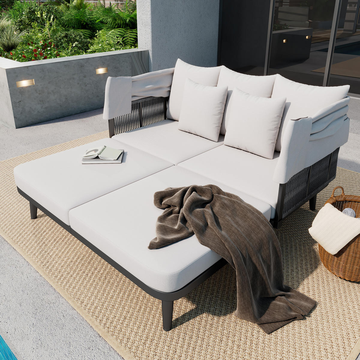 SONNENLIEGE aus Polyester 146x151x145cm in Grau mit einziehbarer Markise - Grau, Textil (152/145/146cm) - Modfu