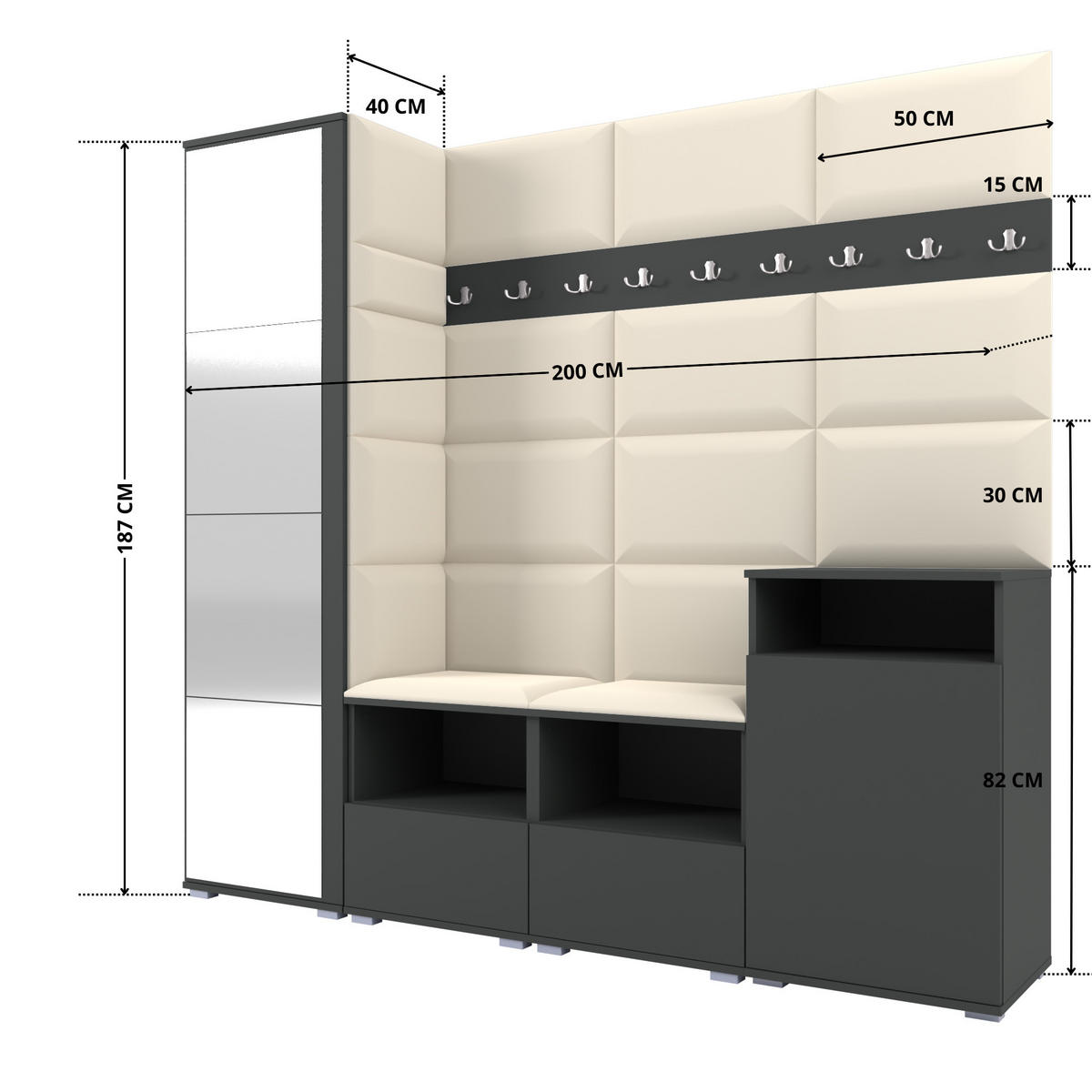 GARDEROBE NELA X 200 cm (Modulare Flurmöbel Graphit mit Spiegel & Sitzpolster Creme 01 Schrank + Sideboard) - Silberfarben/Creme, Holz/Holzwerkstoff (200/187/40cm) - Ravio
