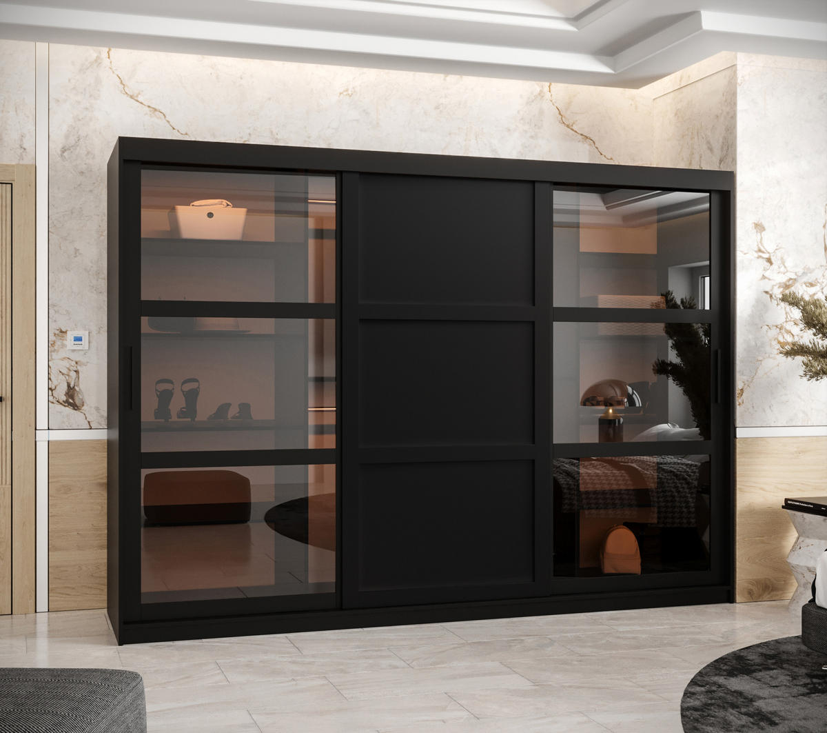 SCHWEBETÜRENSCHRANK 200/250/62 3-türig - Schwarz, Holz/Kunststoff (250/200/62cm) - Abiks Möbel