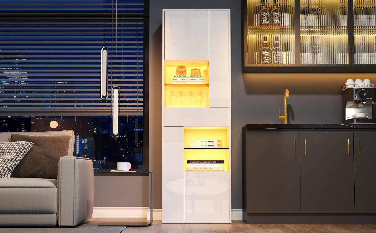 VITRINE 55/38/170 cm weiß aus Spanplatte mit LED-Hochglanzfront - Weiß, Holzwerkstoff (55/170/38cm) - OKWISH