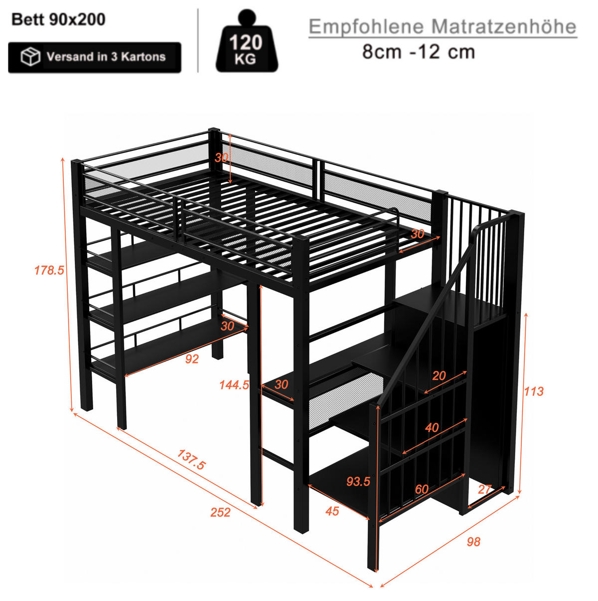 HOCHBETT 90/200 cm aus Metall mit Schreibtisch, Regal und LED-Beleuchtung Schwarz - Schwarz, Metall (90/200cm) - Modenvie