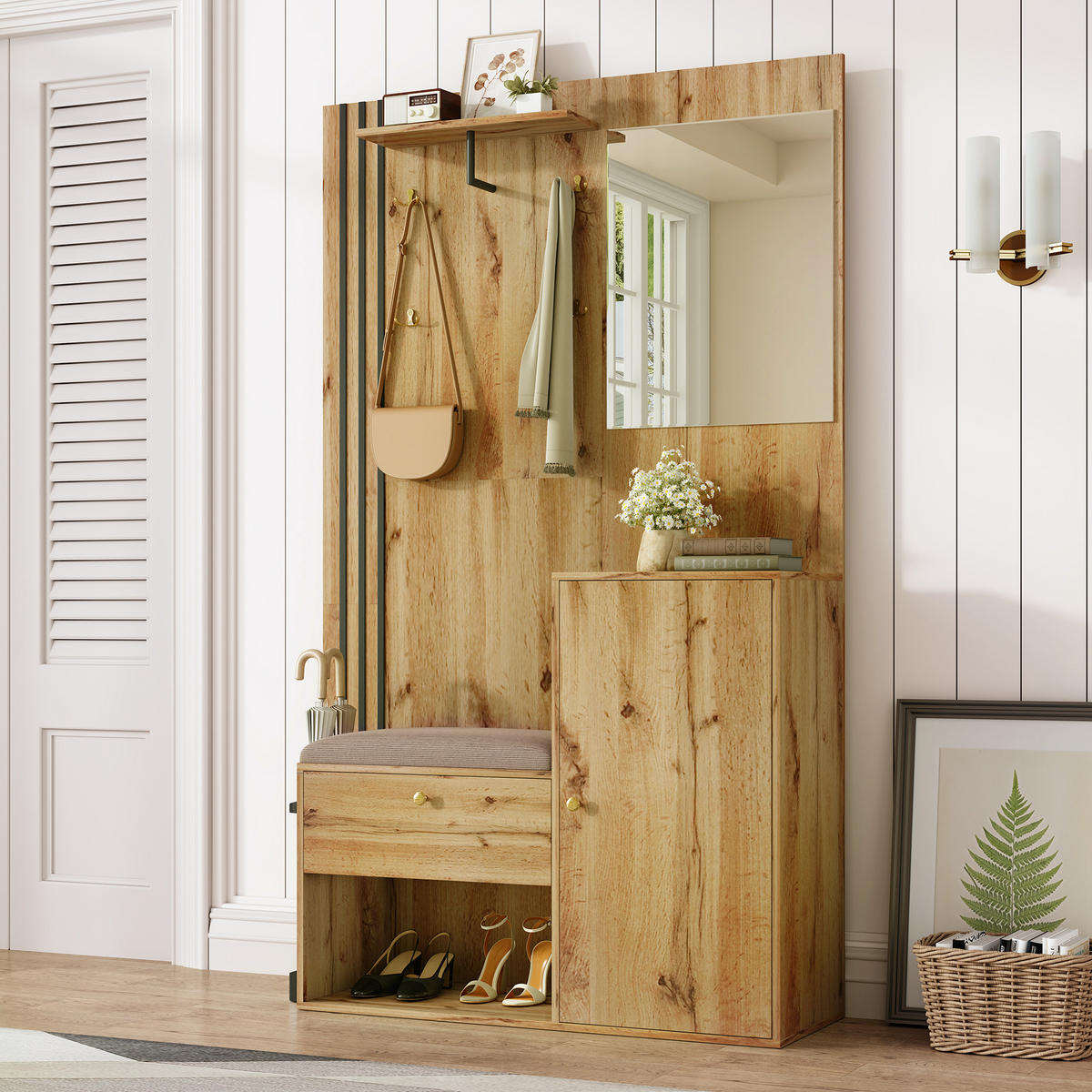 GARDEROBENSET 115x185 Kompakt Spiegel Schuhschrank Schwarz - Naturfarben, Holzwerkstoff (37/185/115cm) - FLIEKS