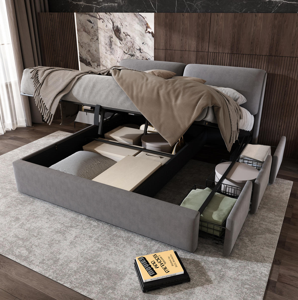 POLSTERBETT aus Samt 160x200 cm Grau mit Bettkasten, 3 Schubladen und hydraulischer Öffnung - Grau, Textil (160/200cm) - IVMEU