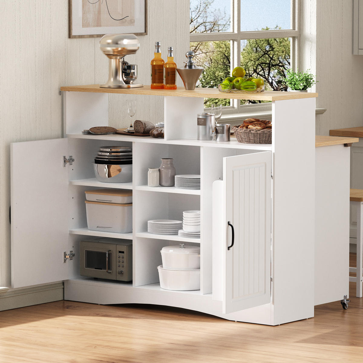 KÜCHENINSEL 110/34-68/97,5 cm aus MDF mit klappbarer Arbeitsplatte und 2 Hockern Weiß - Weiß, Holzwerkstoff (110/97.5/68cm) - Modenvie