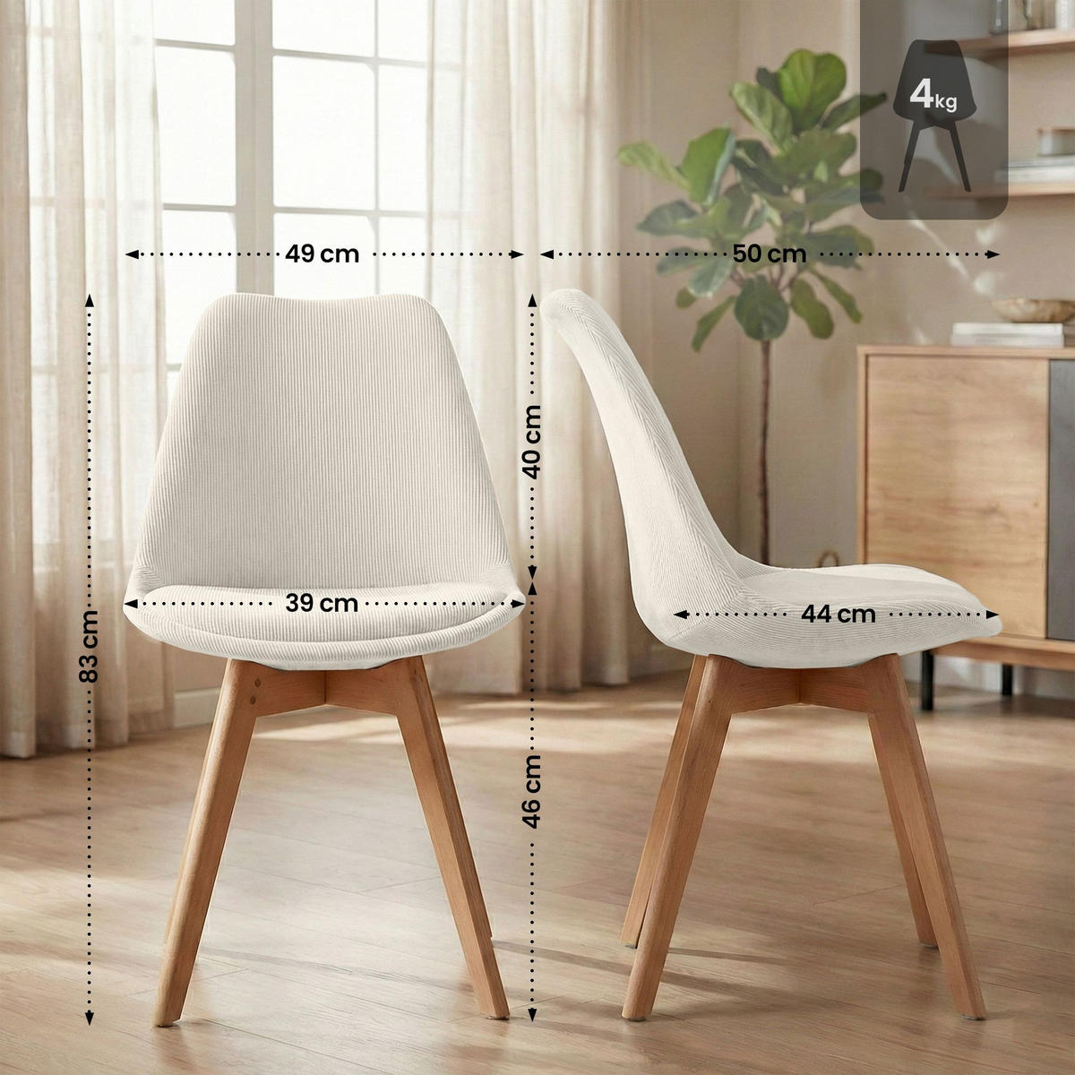 STUHL 4 Cord Beige - Eukalyptusholzfarben/Beige, Holz/Textil (49/83/50cm) - CLP