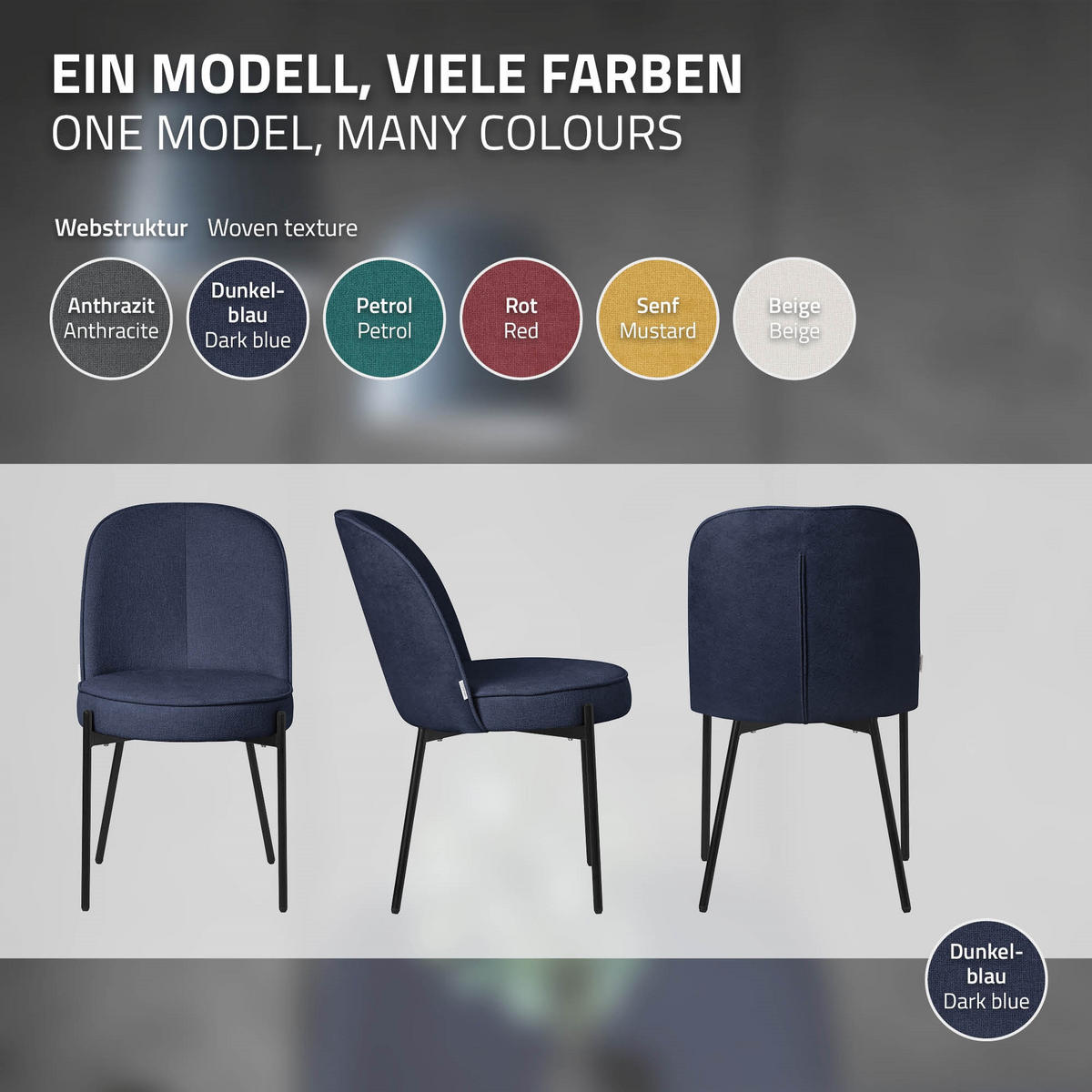 JÍDELNÍ ŽIDLE, sada 4 ks, tmavě modrá, s látkovým potahem - černá/tmavě modrá, kov/textil (50/83/63cm) - ML-DESIGN
