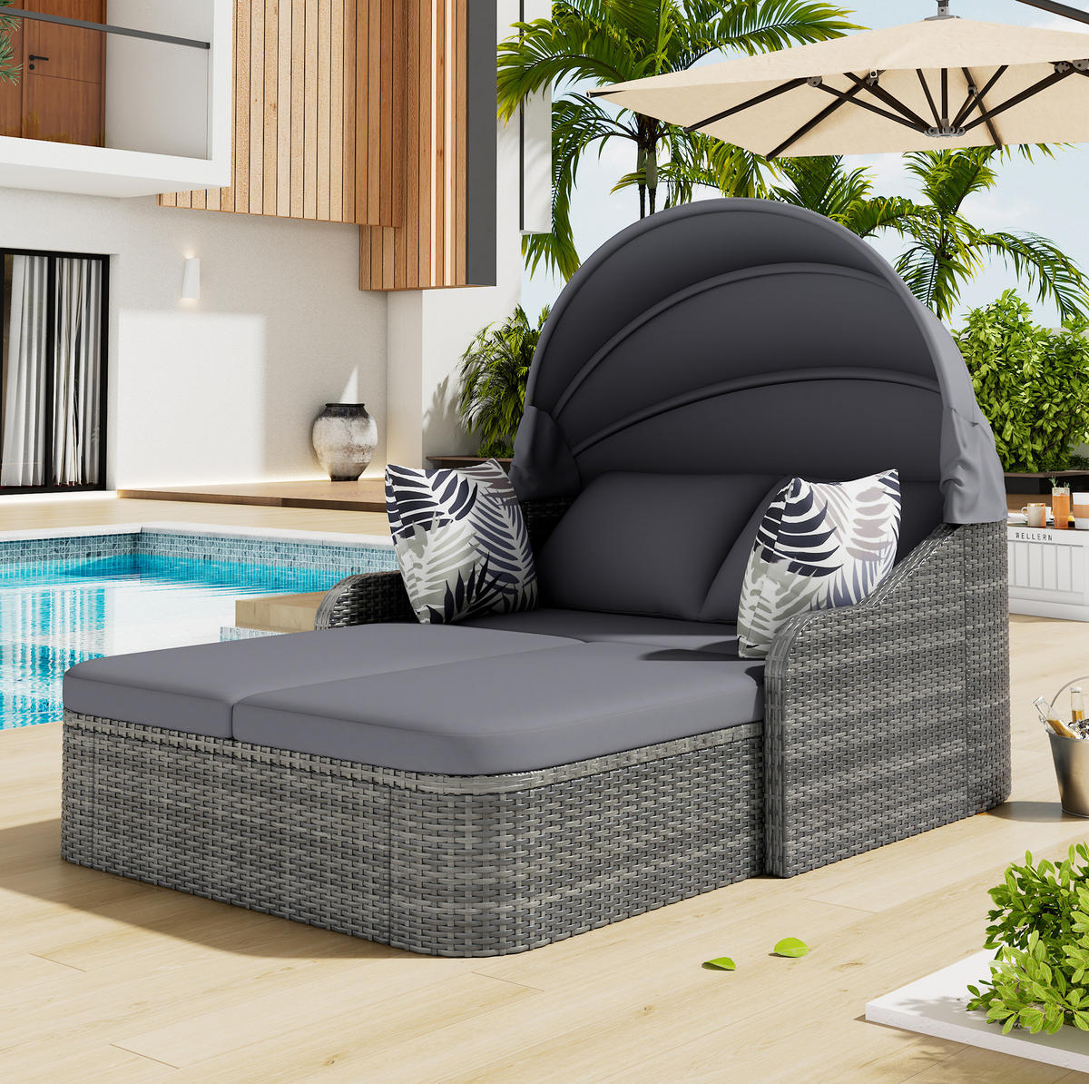 LOUNGESOFA aus Rattan & Metal 203x120x126 cm in Grau mit Baldachin - Grau, Metall (120/126/203cm) - Modfu