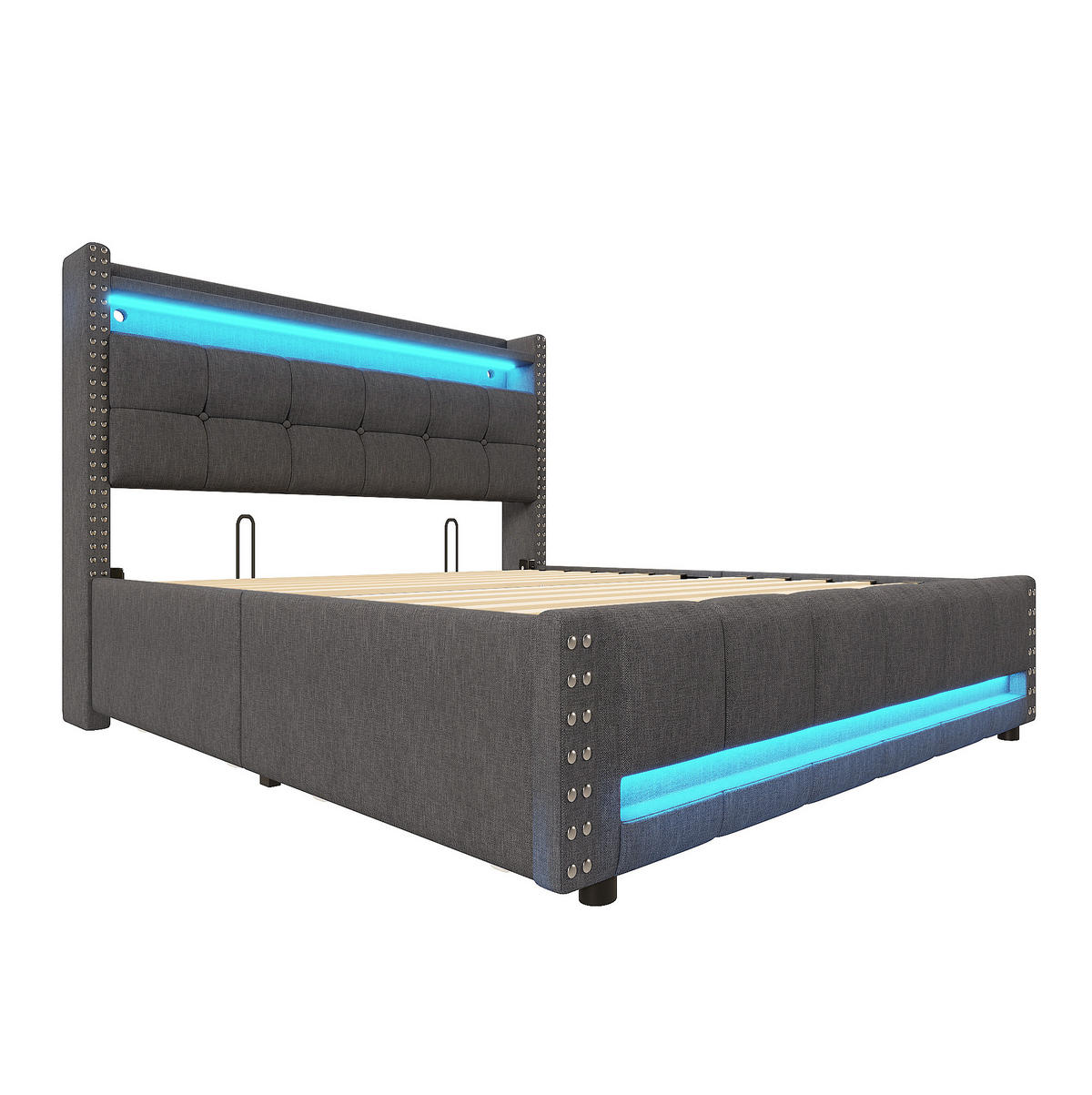 ČALÚNENÁ posteľ 140/200 cm s LED osvetlením, USB portom, policami a 4 zásuvkami, Sivá - sivá, textil (140/200cm) - Redom