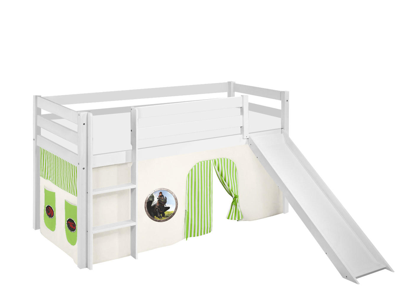 SPIELBETT JELLE Dragons Grün - Hochbett - mit Rutsche und Vorhang - Weiß, Holz - Lilokids