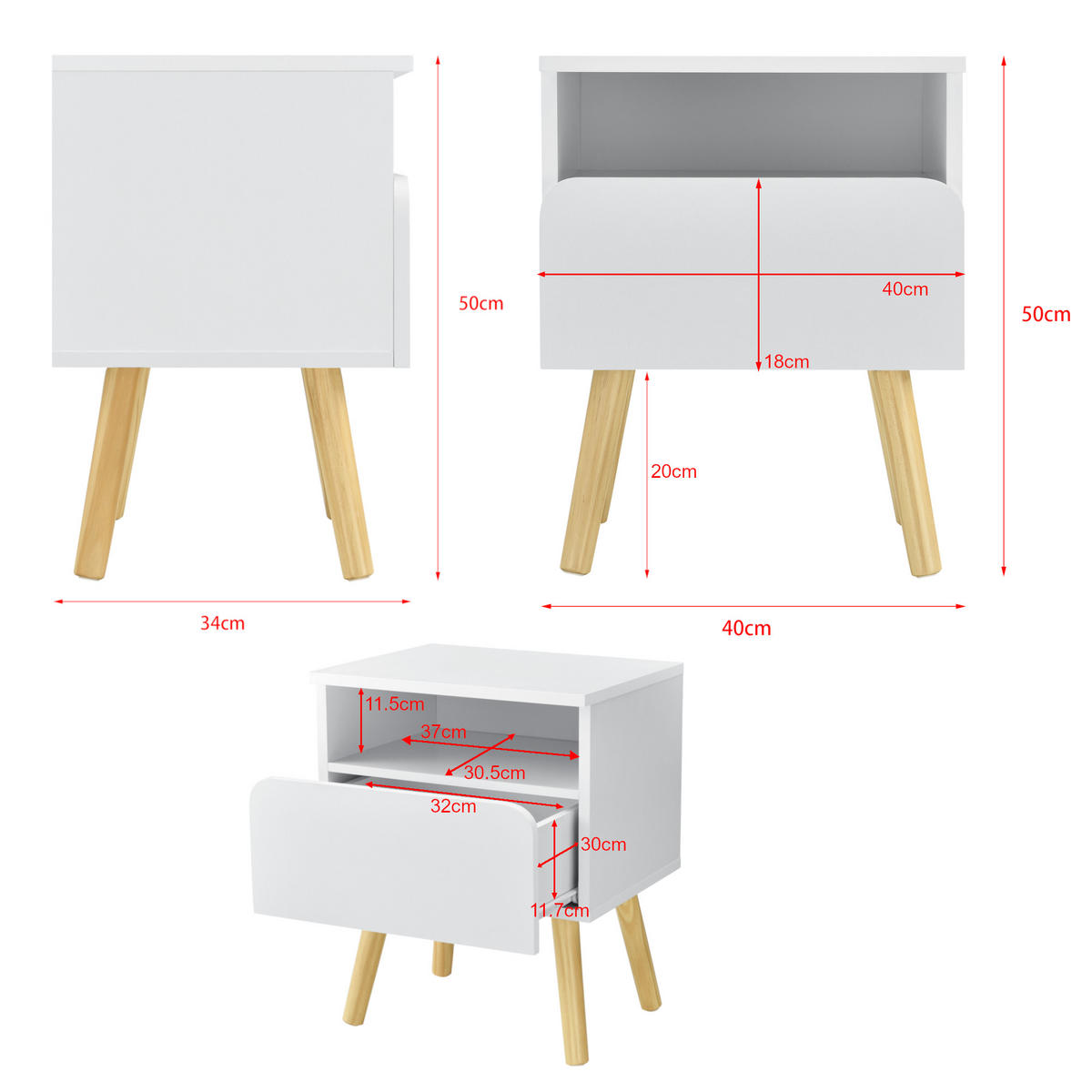 NACHTTISCH Dargaville - Weiß, Holzwerkstoff (40/50/34cm) - [en.casa]