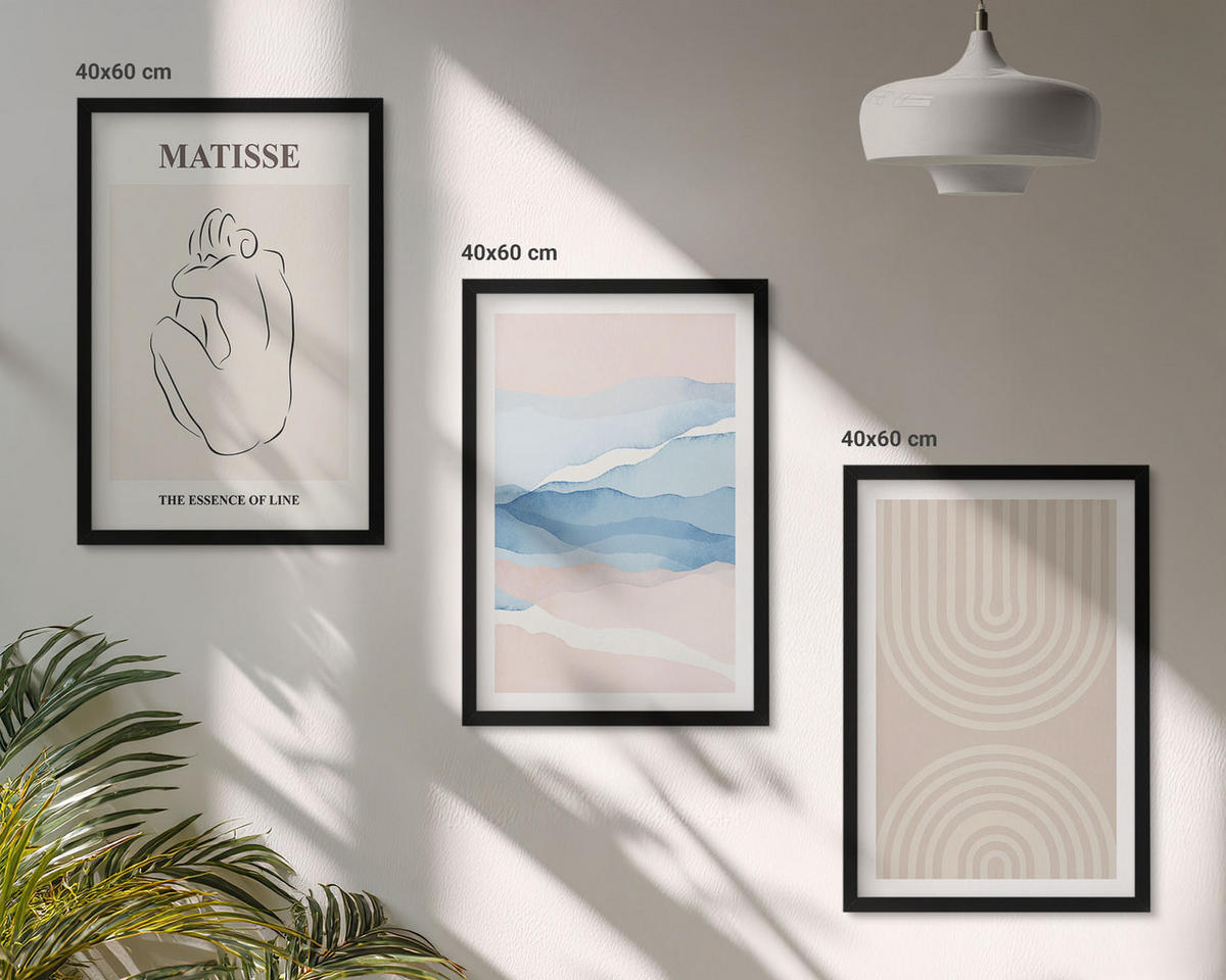 WANDBILDER 3er-Set - 40x60 cm Schwarzer Rahmen - Linien, Wellen, pastellfarbener Minimalismus - Schwarz, Kunststoff (40/60cm) - ArtPrintCave