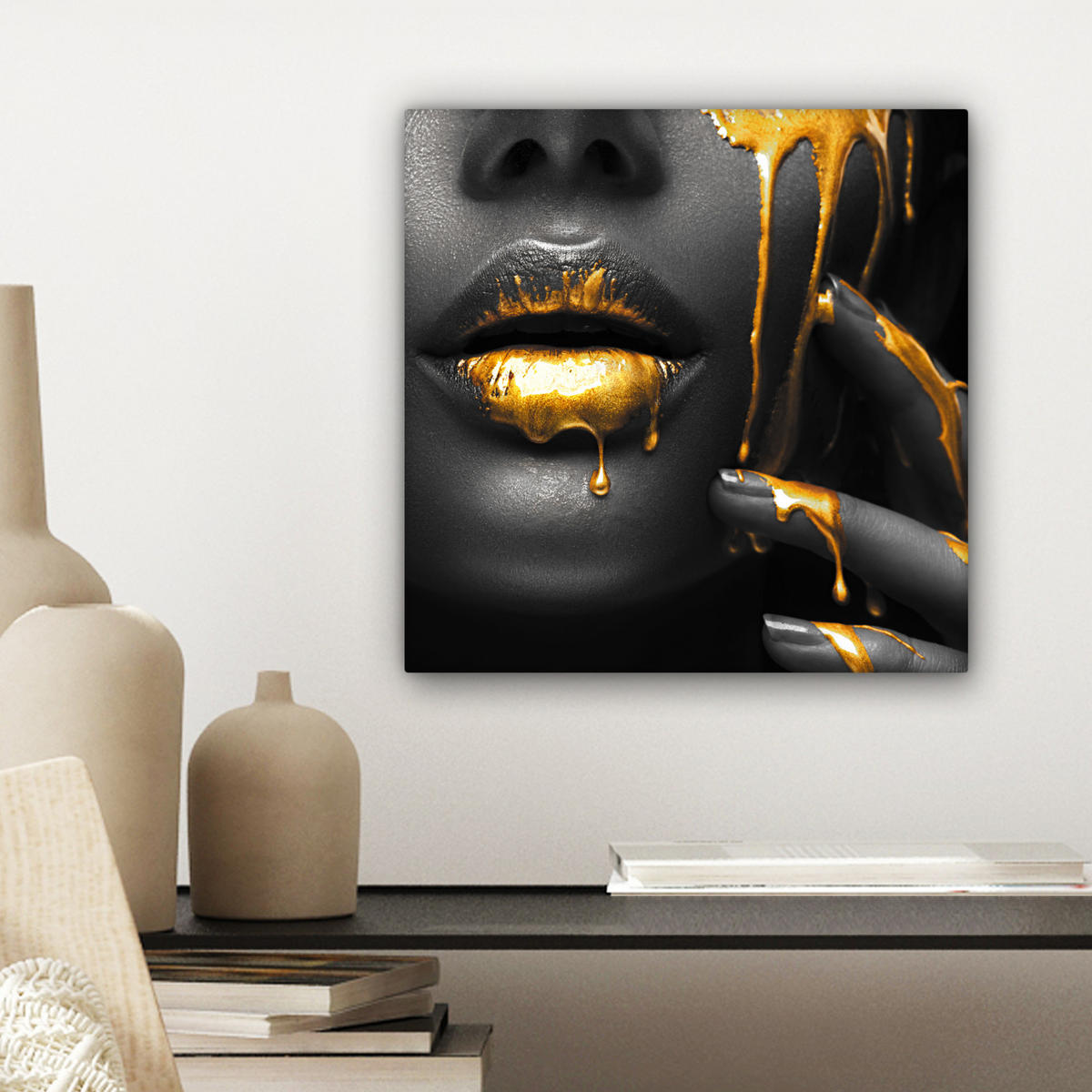 LEINWANDBILD Frau - Schwarz - Gold - Gesicht - Lippen 20x20 cm - Goldfarben, Textil (20/20cm) - MuchoWow
