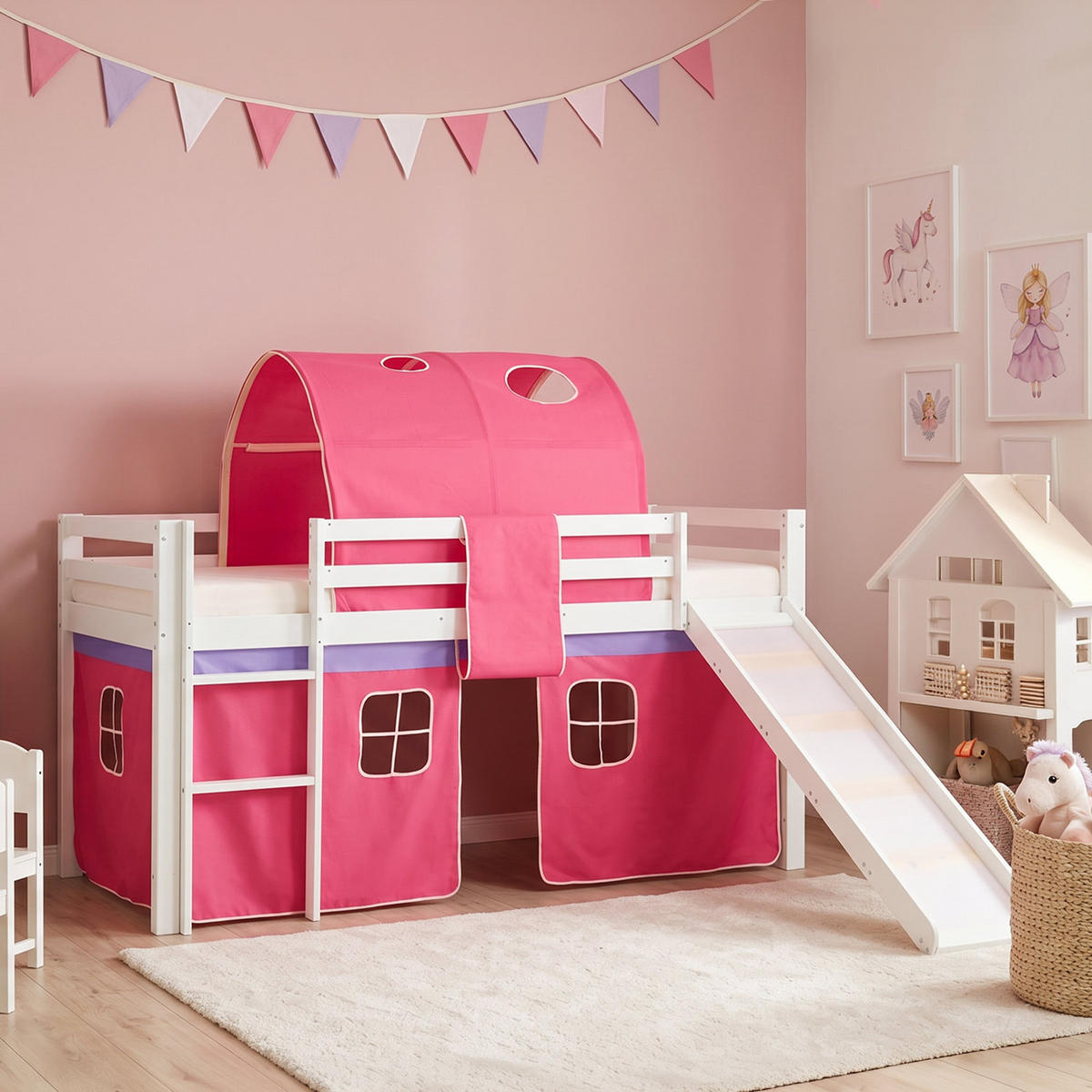 HOCHBETT 90/200 cm in Weiß mit Lattenrost + Matratze - Pink/Weiß, Holz (90/200cm) - Homestyle4u