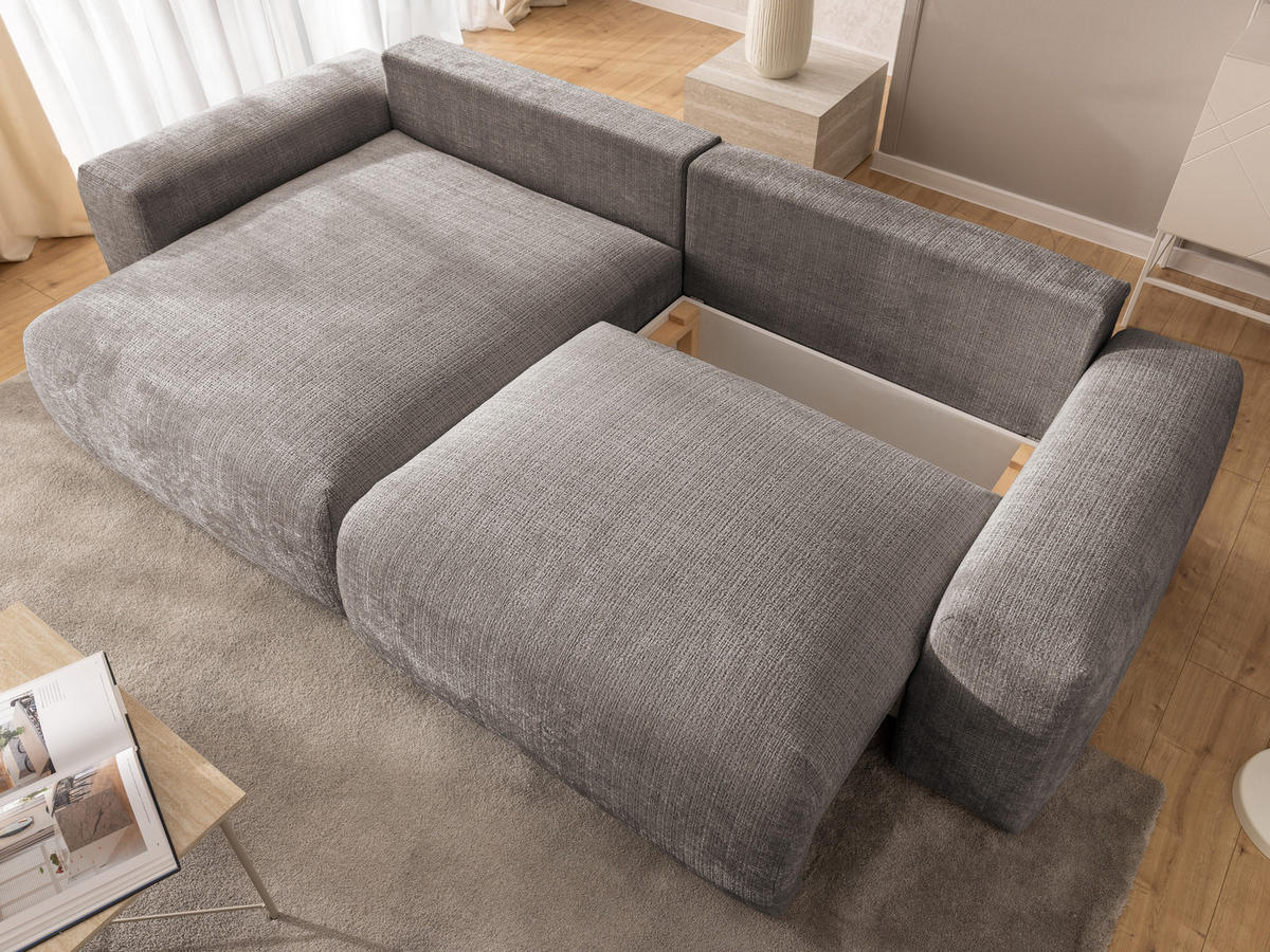 ECKSOFA Puffy mit Schlaffunktion und Bettkasten - besonders weich und puffig aus Taupe Chenille-Stoff - Ottomane links - Taupe/Schwarz, Holz/Kunststoff (138/266cm) - S-Style Möbel