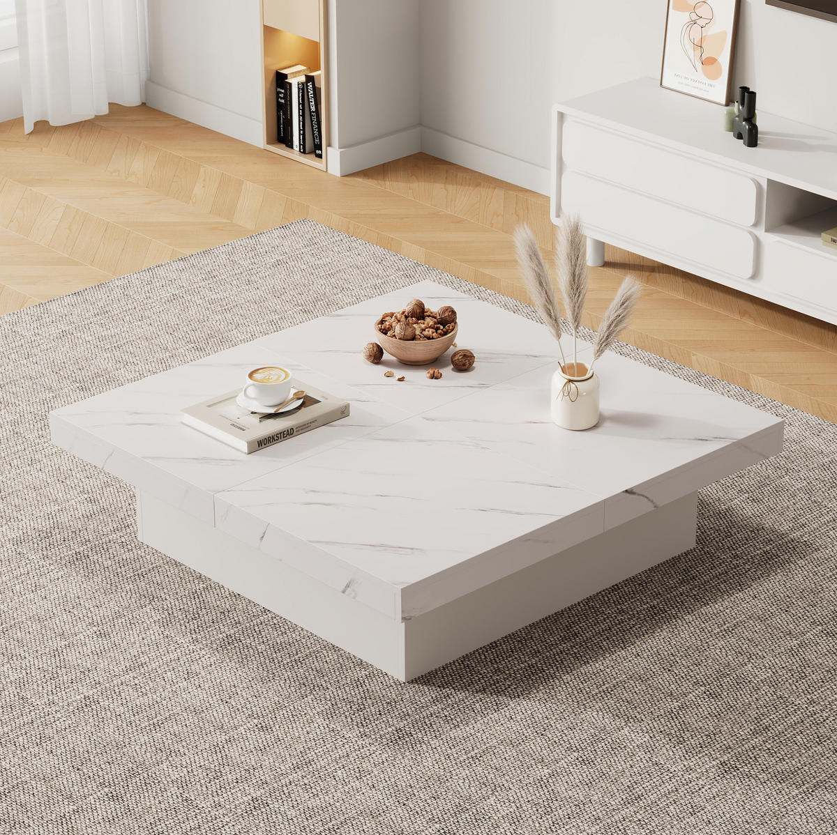 COUCHTISCH mit 4 Schubladen 90x90 cm Weiß Marmor-Optik - Weiß, Holzwerkstoff (90/90/25cm) - Meubliv