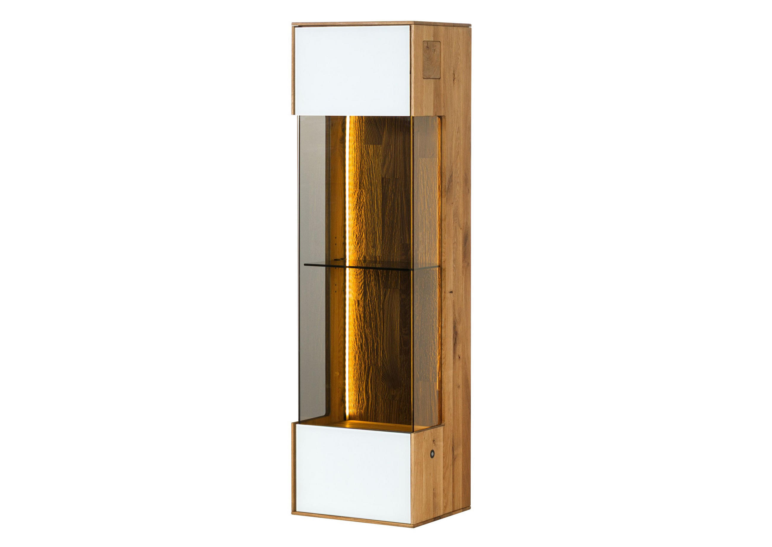HÄNGEVITRINE Wildeiche 37x32x130 natur geölt / Glas weiß WIEN #132 - Braun, Holz (37/130/32cm) - Massivmoebel24