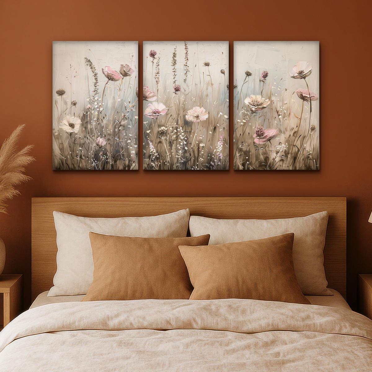 LEINWANDBILD 3er Set Blumen - Beige - Modern - Rosa 120x60 cm - Ecru, Textil (120/60cm) - MuchoWow