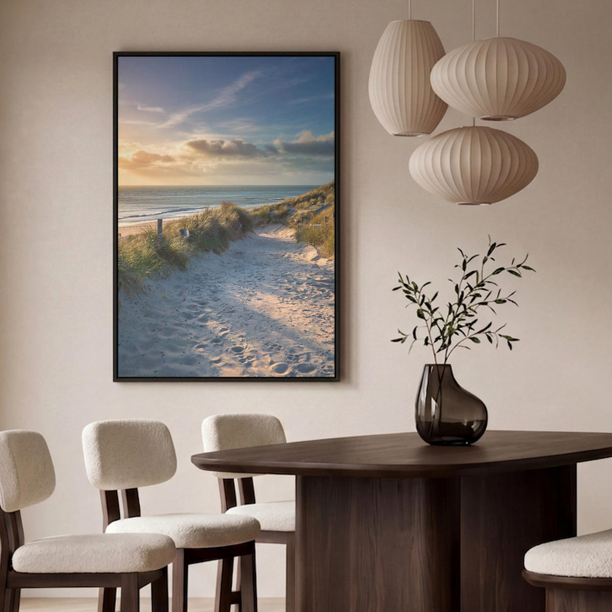 LEINWAND Bilder mit Rahmen - Sonnenuntergang - Strand - Düne - Gras - Ufer - 80x120 - Sandfarben, Textil (80/120cm) - MuchoWow