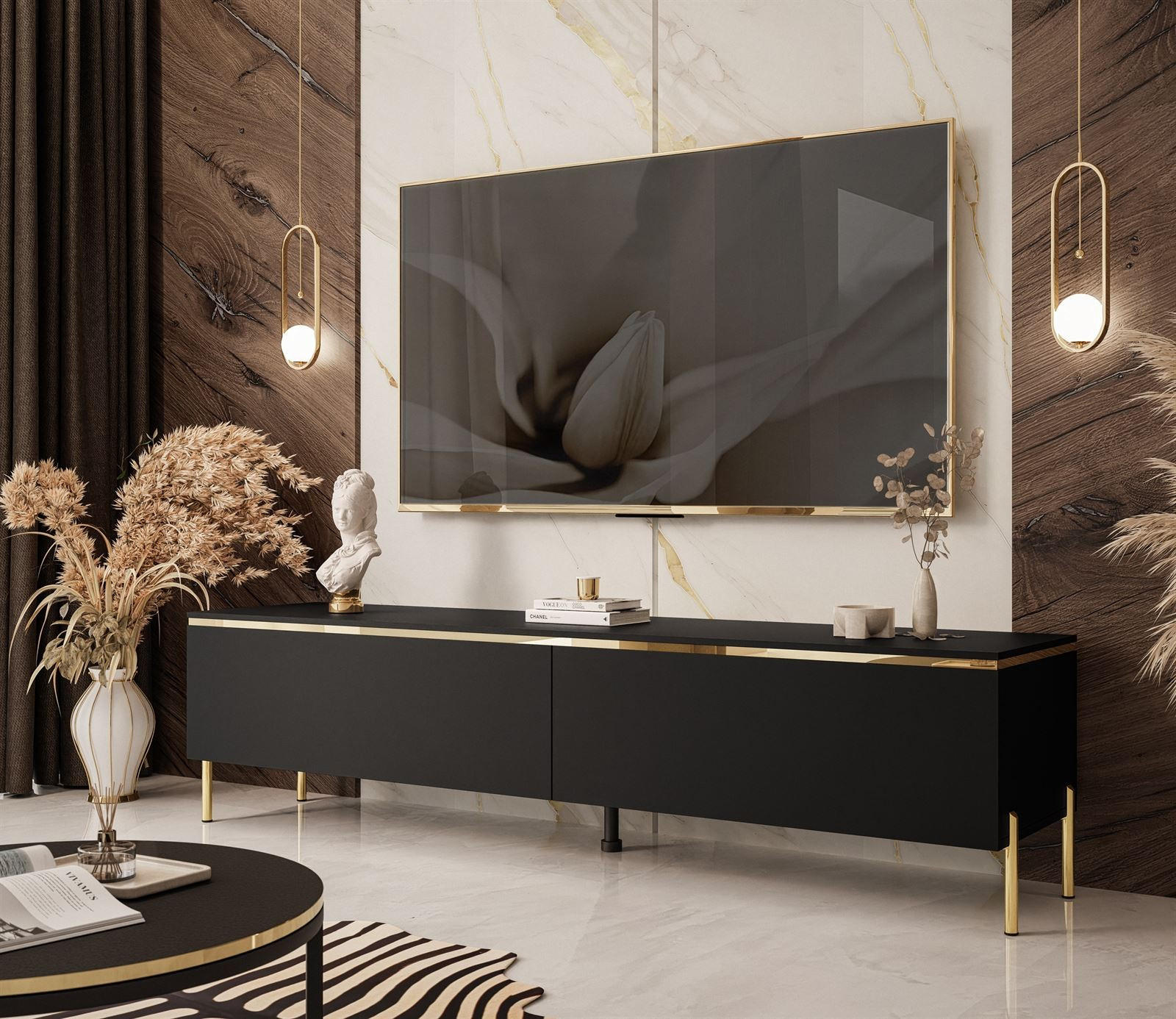 TV-LOWBOARD AURORA Schwarz Matt mit gerade Goldchrom Fuße und LED Beleuchtung - Goldfarben/Schwarz, Holzwerkstoff/Metall (180/46/40cm) - Lookway