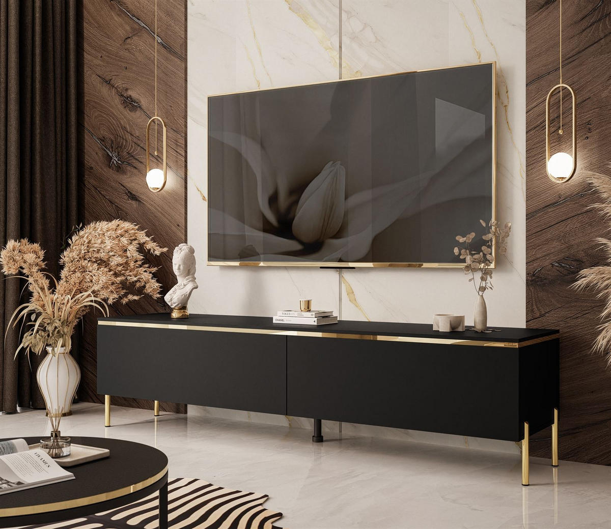 TV-LOWBOARD AURORA Schwarz Matt mit gerade Goldchrom Fuße und LED Beleuchtung - Goldfarben/Schwarz, Holzwerkstoff/Metall (180/46/40cm) - Lookway