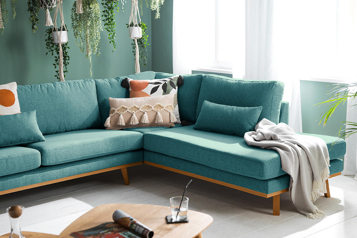 WOHNLANDSCHAFT mit Longchair - Buchefarben/Petrol, Buchenholz/Textil (371/81/219cm) - home24