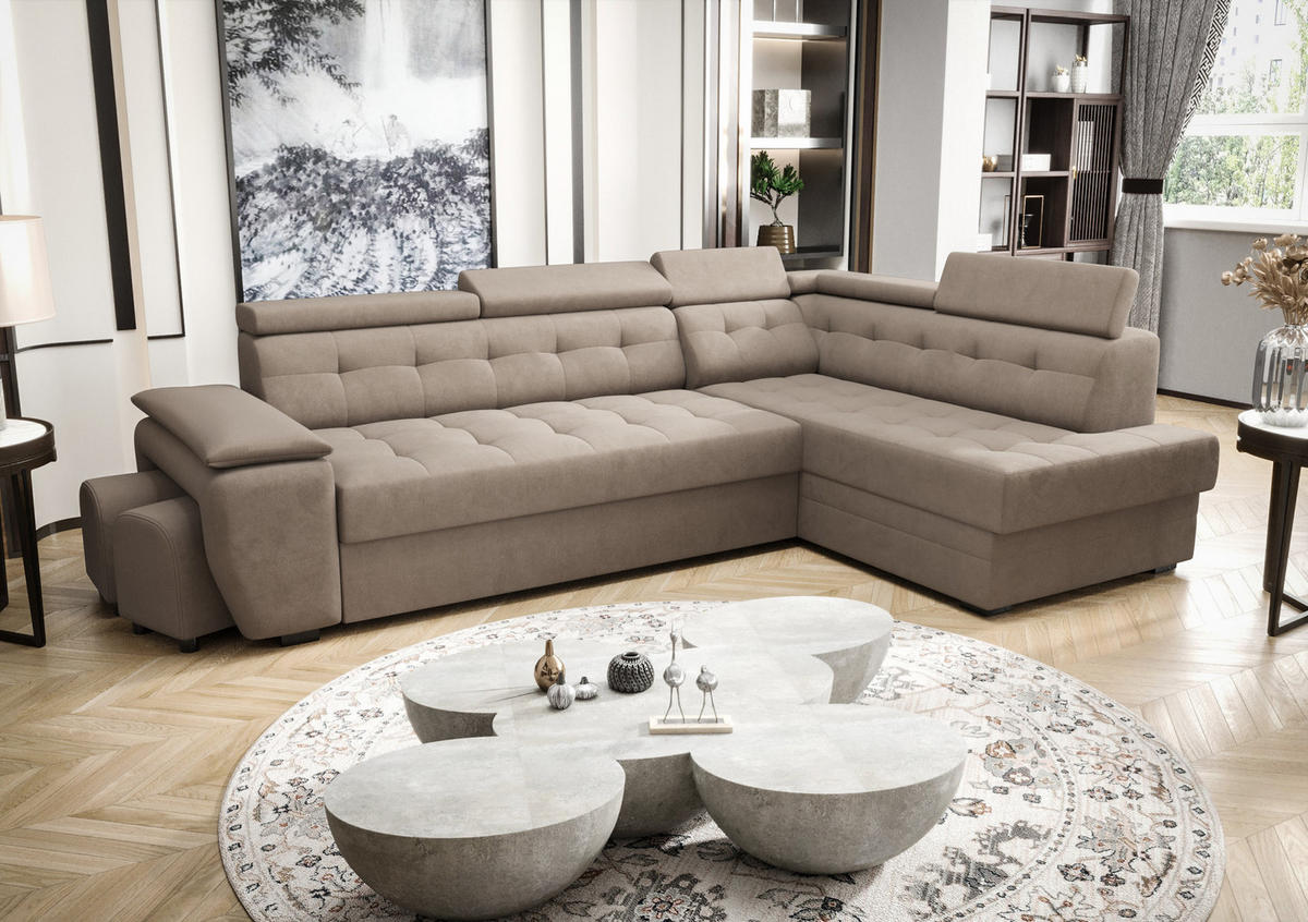 ECKSOFA KONGO RBN15, Eckcouch in L-Form mit Schlaffunktion, Farbe: Beige, Velourstoff, Ottomane Rechts - Beige, Textil (277/180cm) - O-Sofa