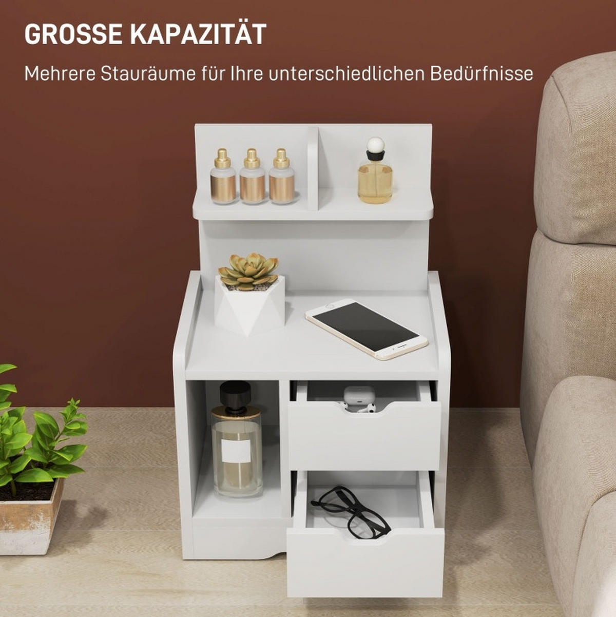 NACHTTISCH 40/60/30 cm Weiß aus Holz mit 2 Schubladen - Weiß, Holz (40/60/30cm) - OKMYHOME