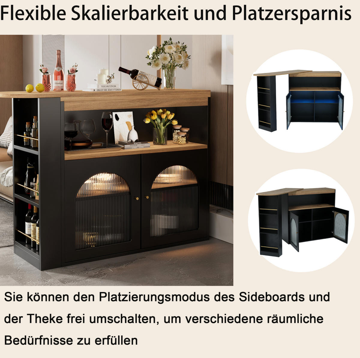 BEISTELLTISCH 138-193/105/39 cm Schwarz aus MDF drehbar mit LED-Lichtleiste - Schwarz, Holzwerkstoff (138/39/105cm) - OKMYHOME