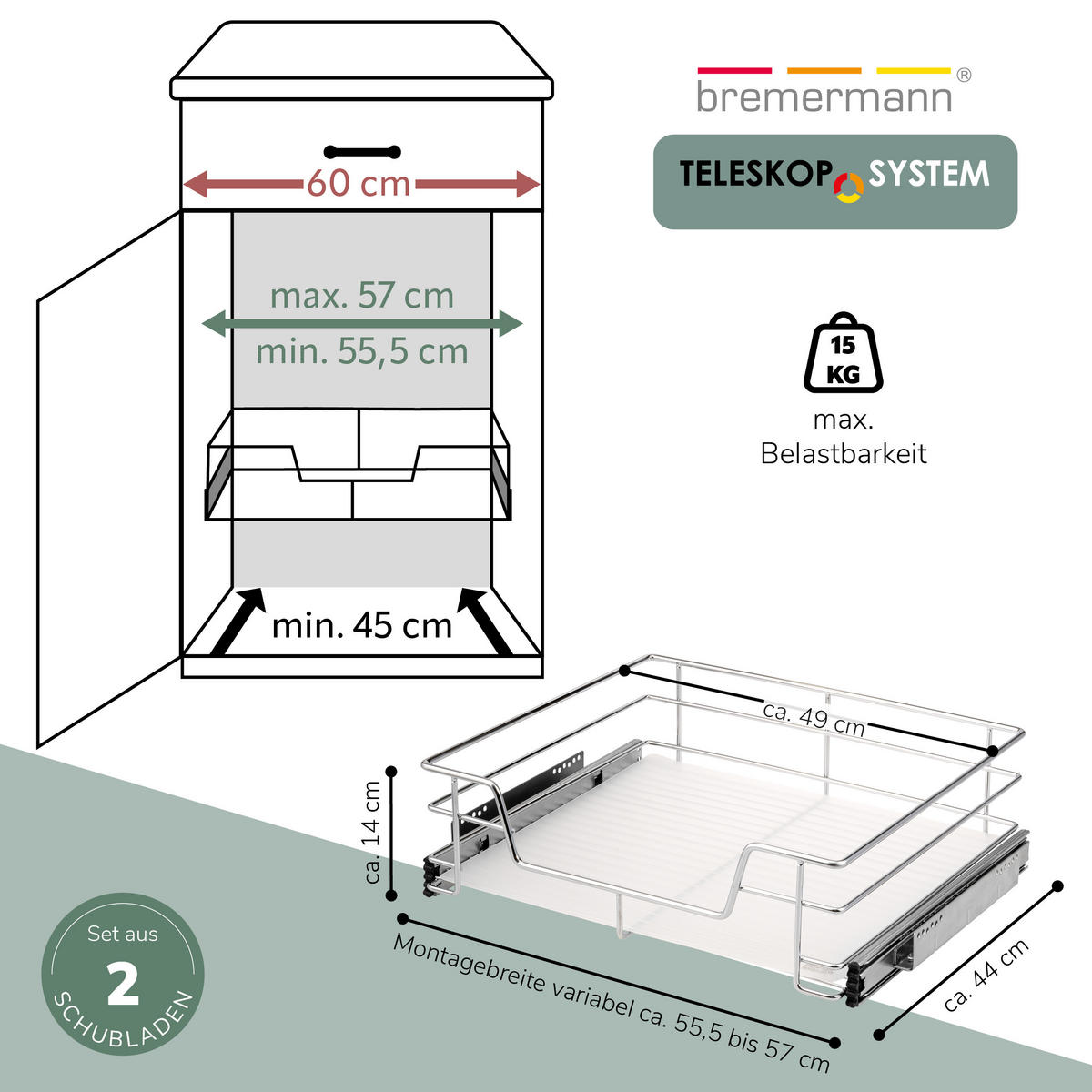 TELESKOPSCHUBLADEN (2er Set), für 60 cm Schrank, Metall, Chrom - Chromfarben, Metall (57/14/44cm) - bremermann