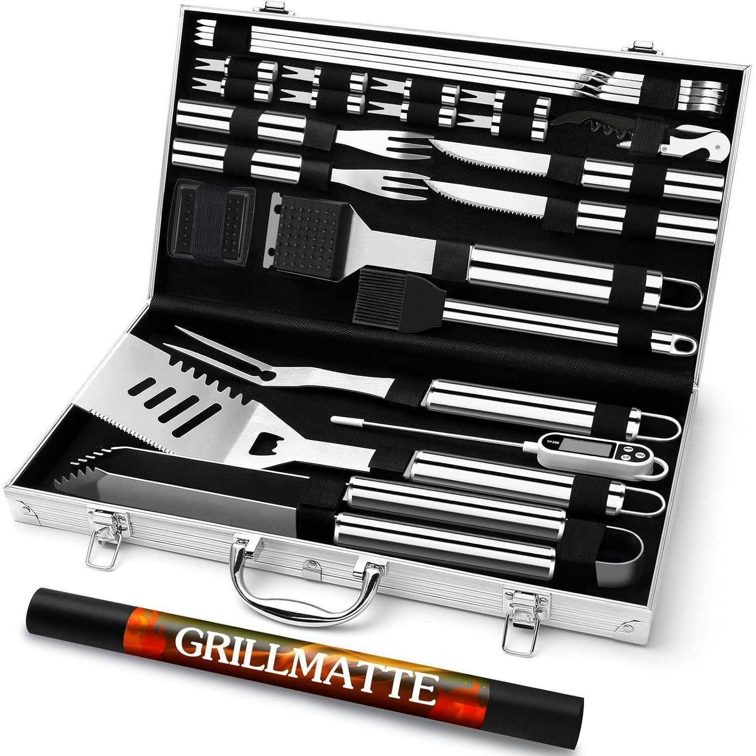 GRILLBESTECK Set 26-teilig Edelstahl mit Koffer und Fleischthermometer - Silberfarben, Metall (44.5cm)